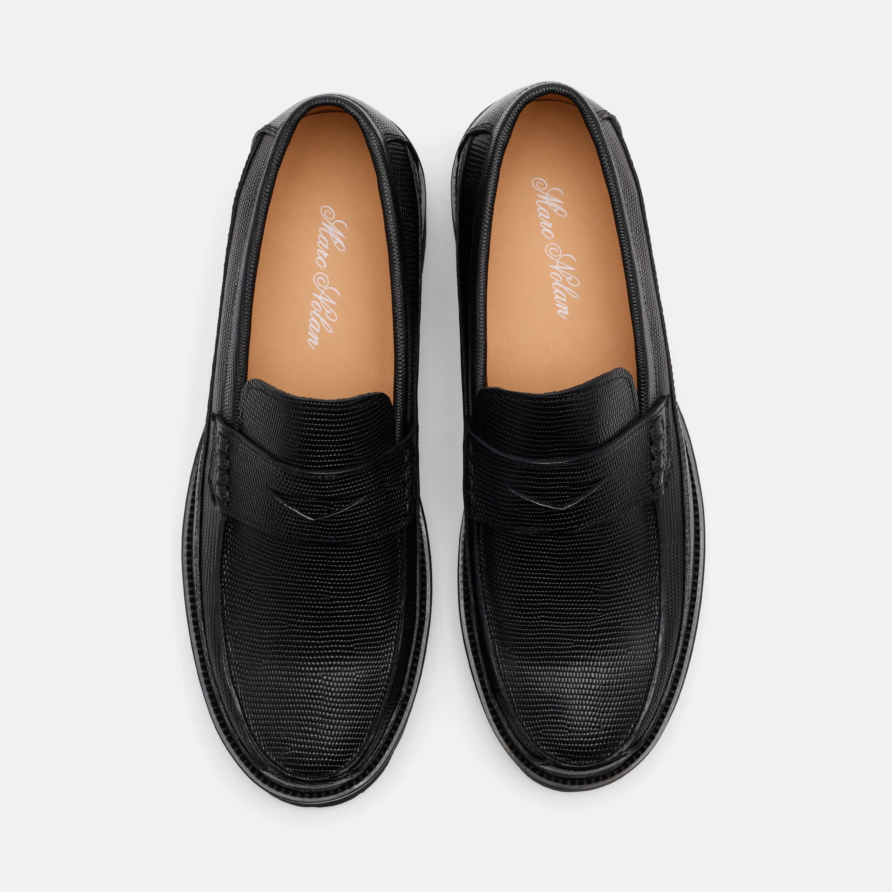 Adler Black Lizard Leather Lug Penny Loafers