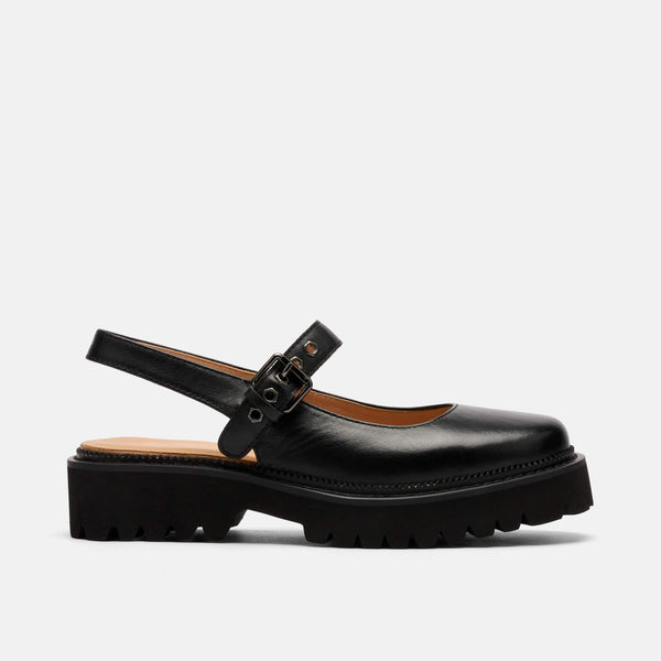 Luna Black Leather Mary Jane Lug Slingbacks