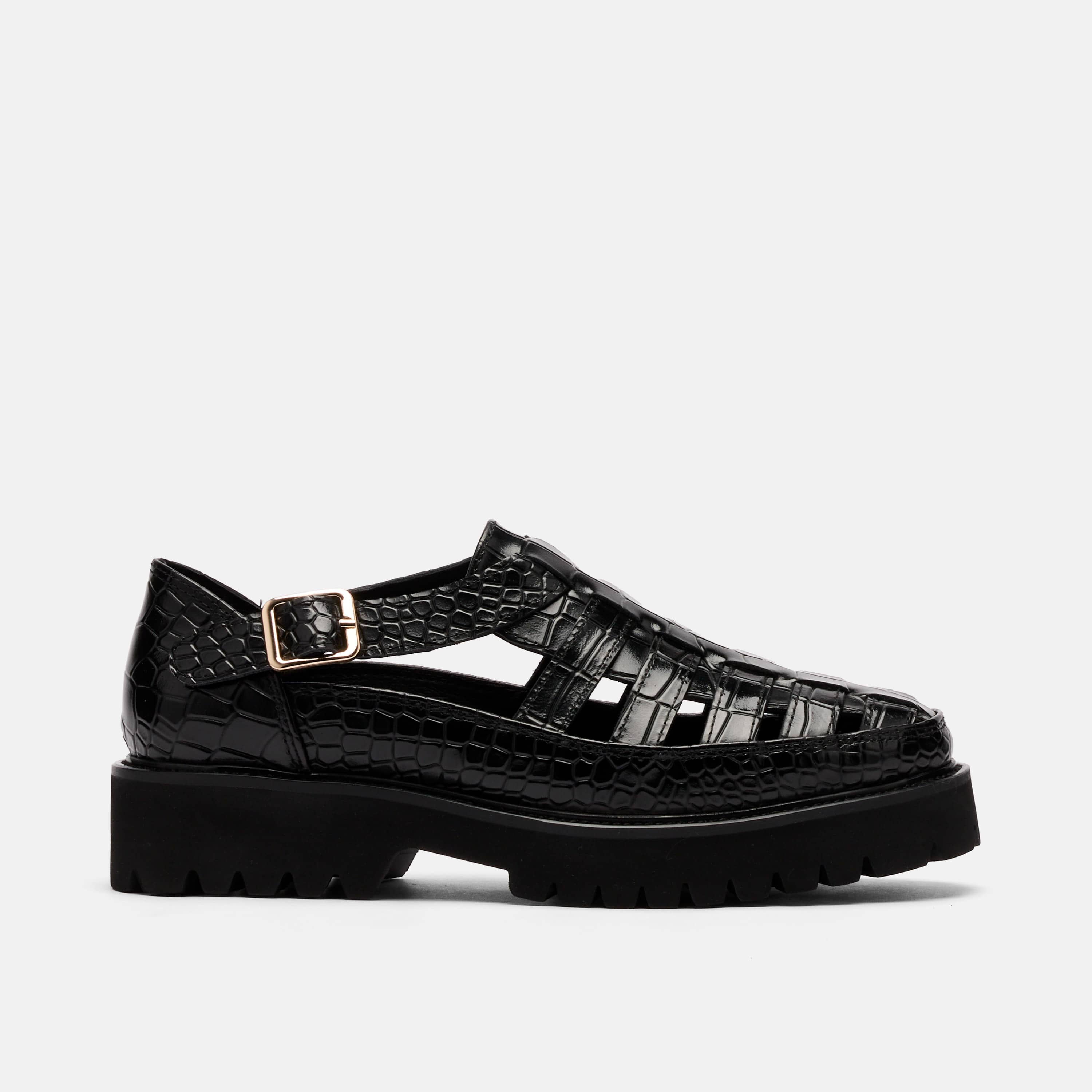Ms. Magellan Black Crocskin Leather Lug Fisherman Sandals