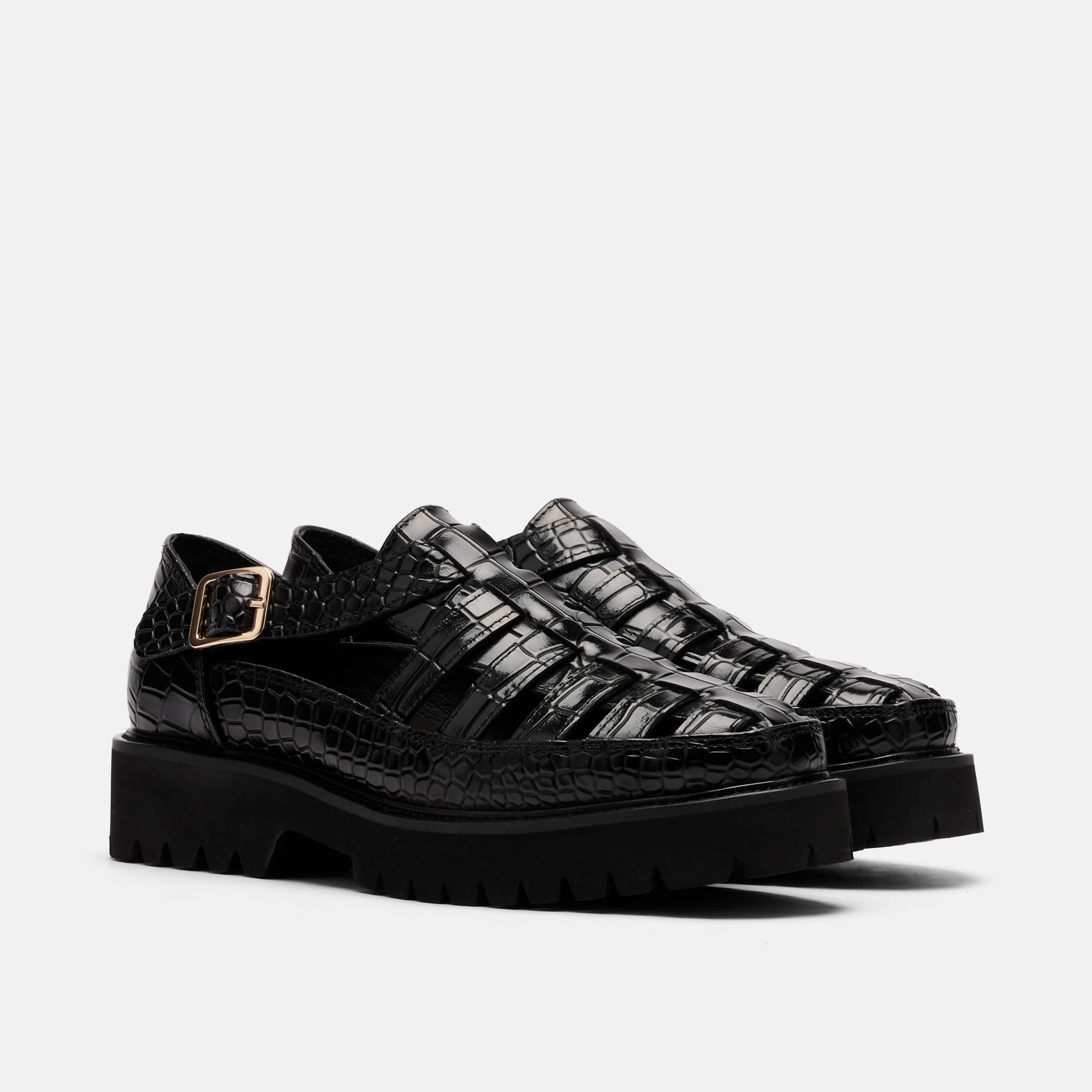 Ms. Magellan Black Crocskin Leather Lug Fisherman Sandals