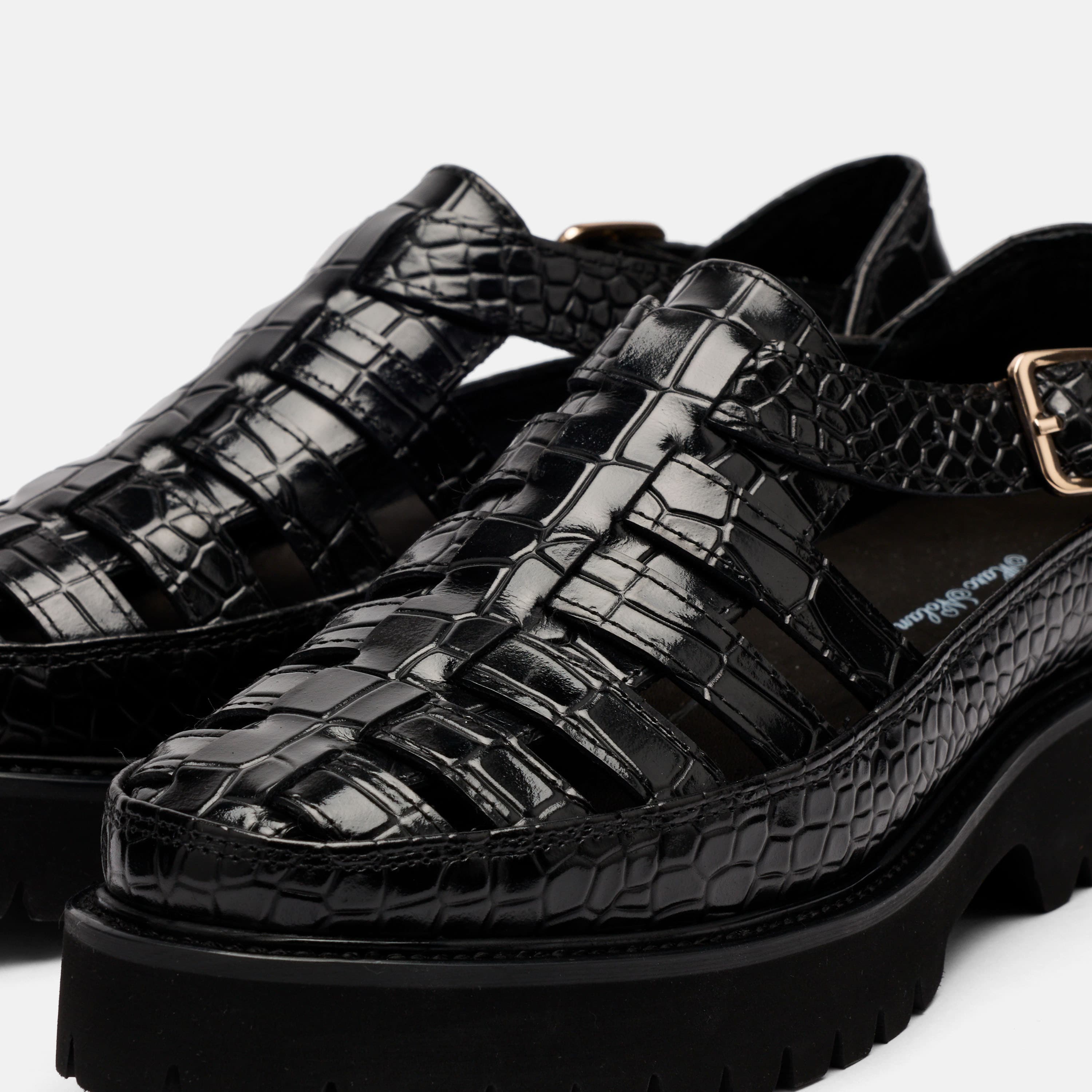 Ms. Magellan Black Crocskin Leather Lug Fisherman Sandals