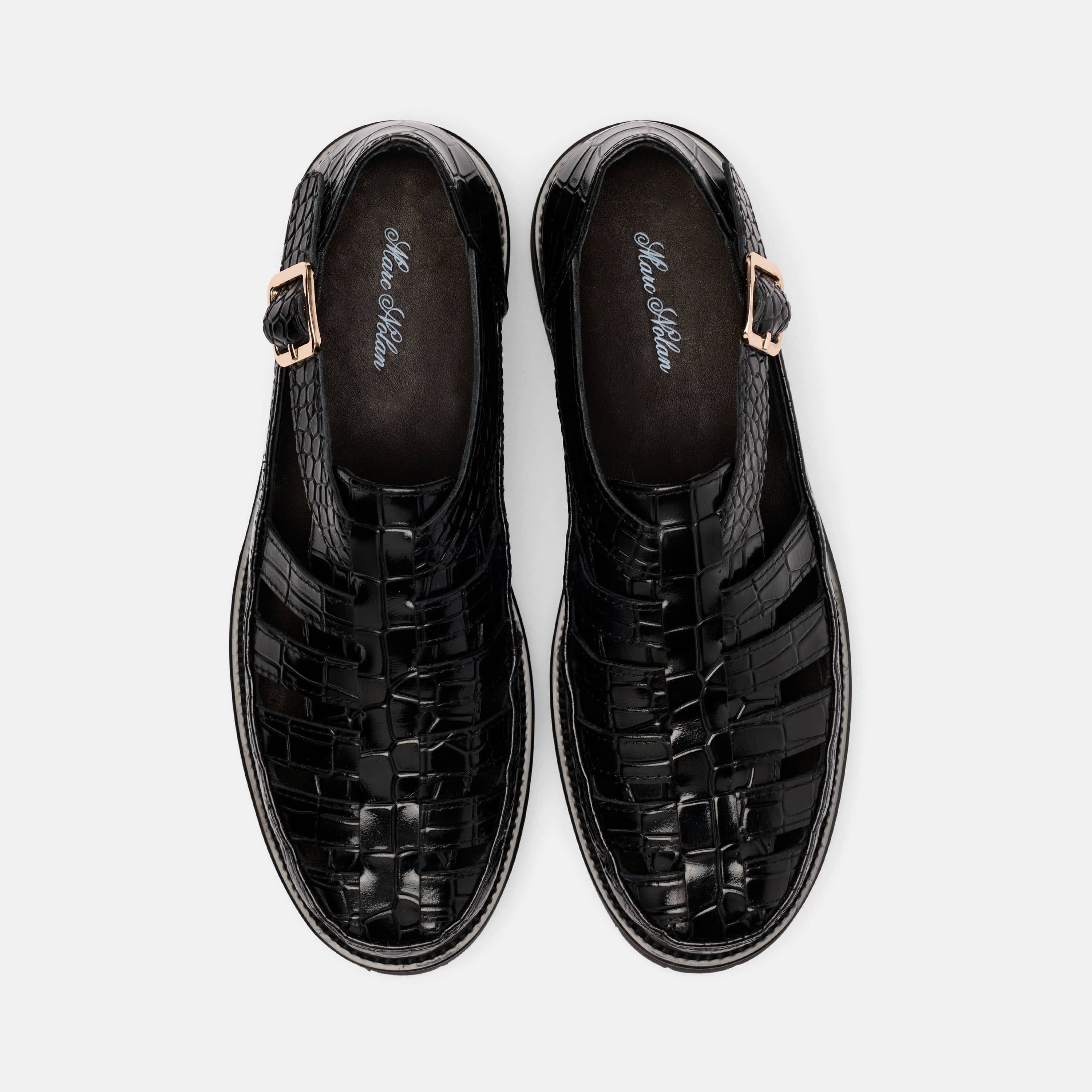 Ms. Magellan Black Crocskin Leather Lug Fisherman Sandals