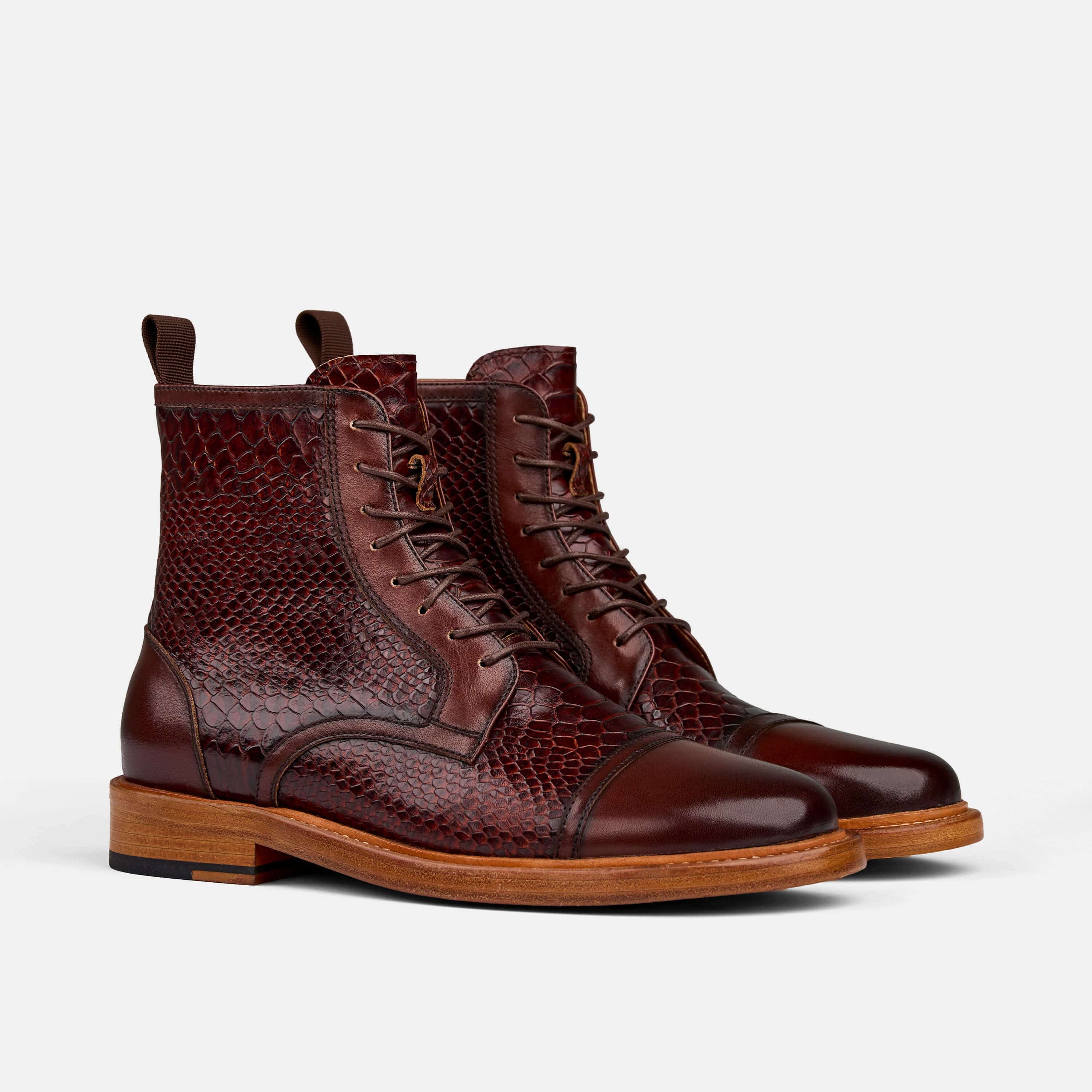 Mahogany Snakeskin Leather Cap Toe Boots