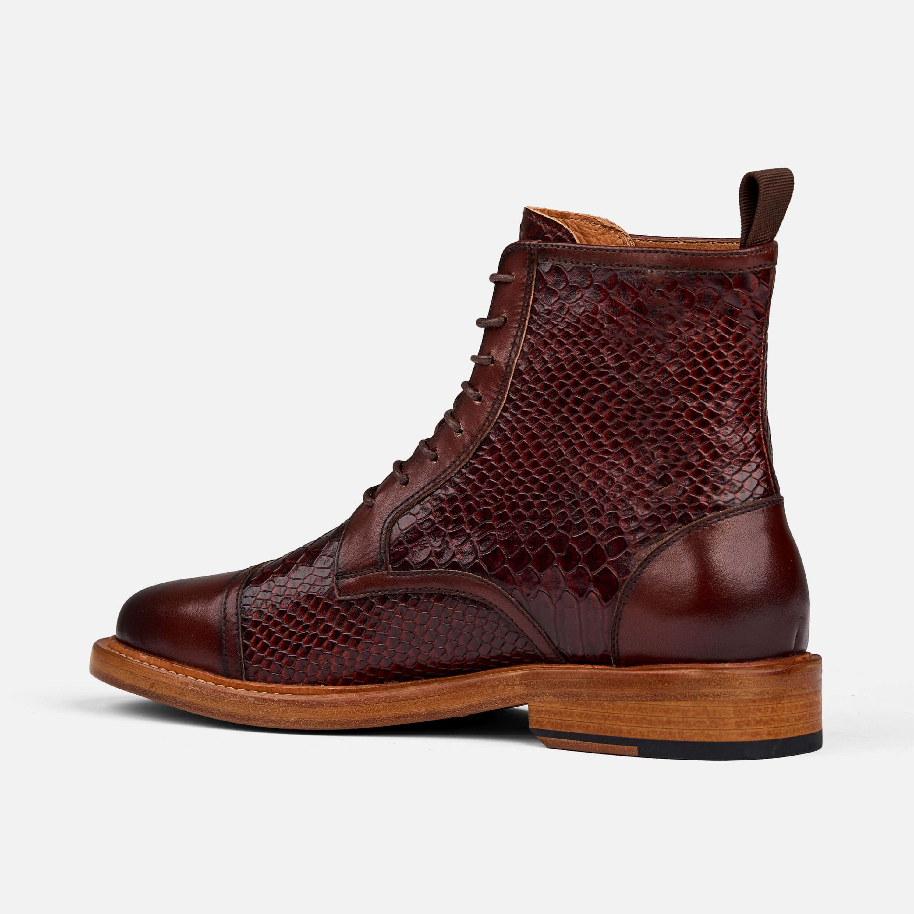 Mahogany Snakeskin Leather Cap Toe Boots