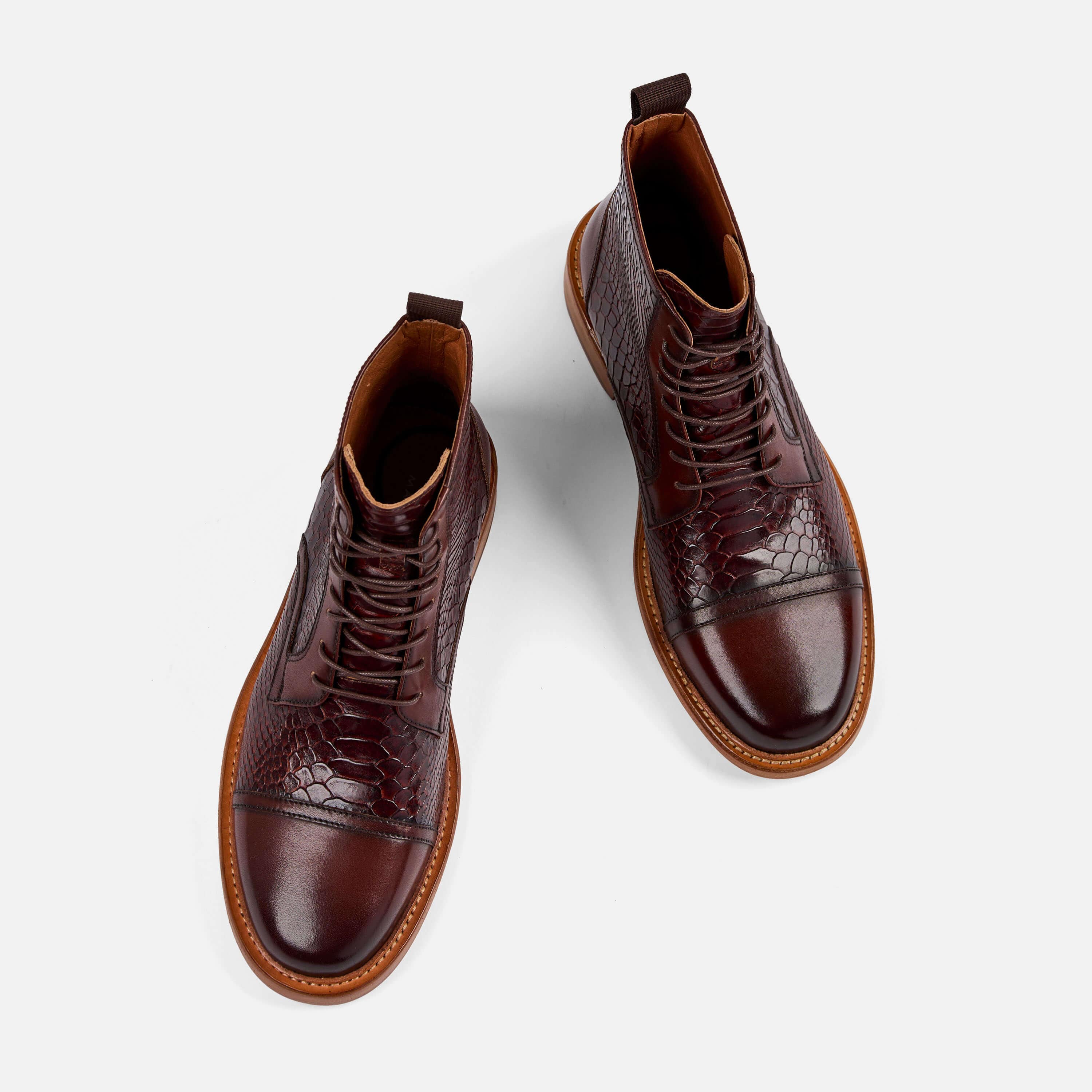 Mahogany Snakeskin Leather Cap Toe Boots