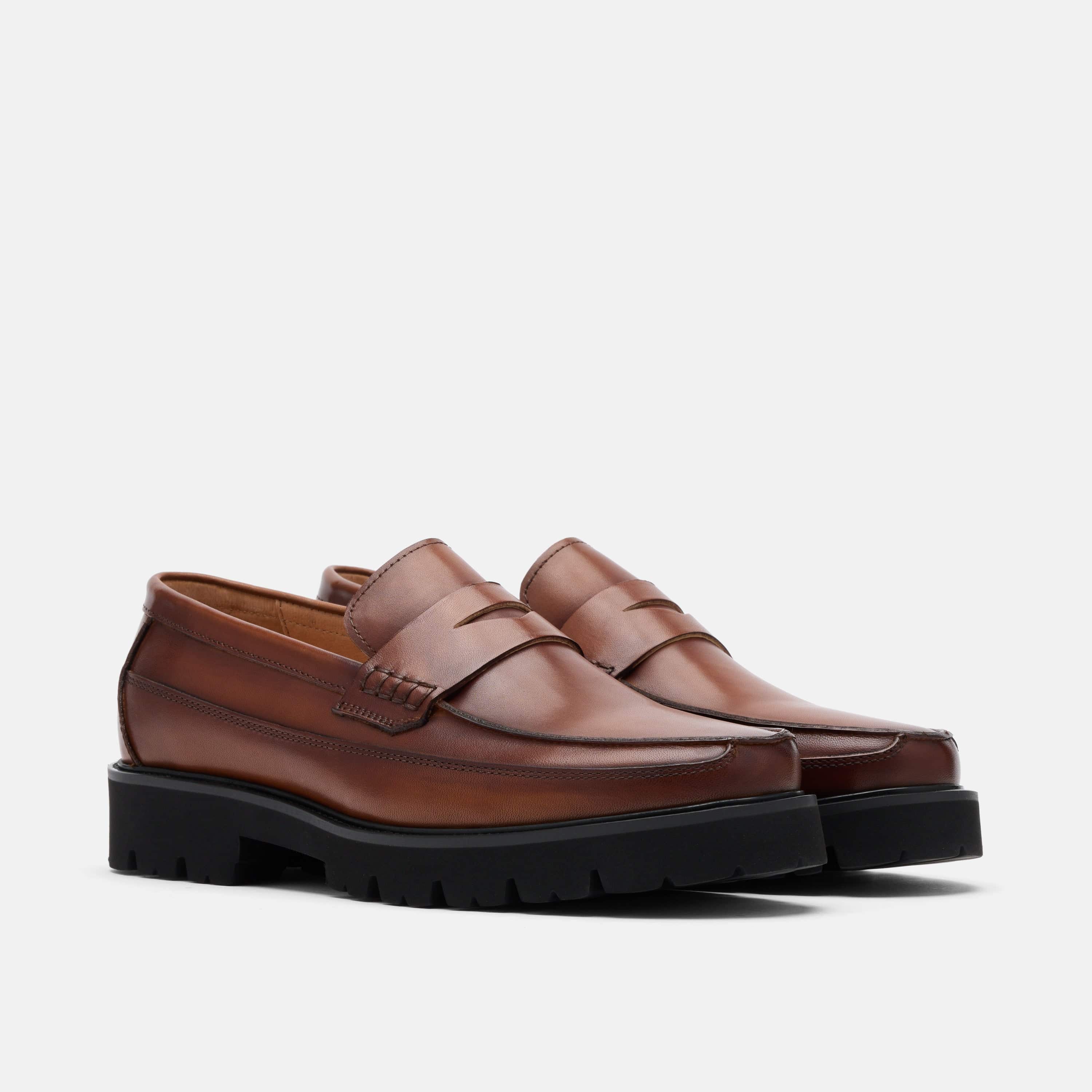 Adler Mahogany Leather Lug Penny Loafers