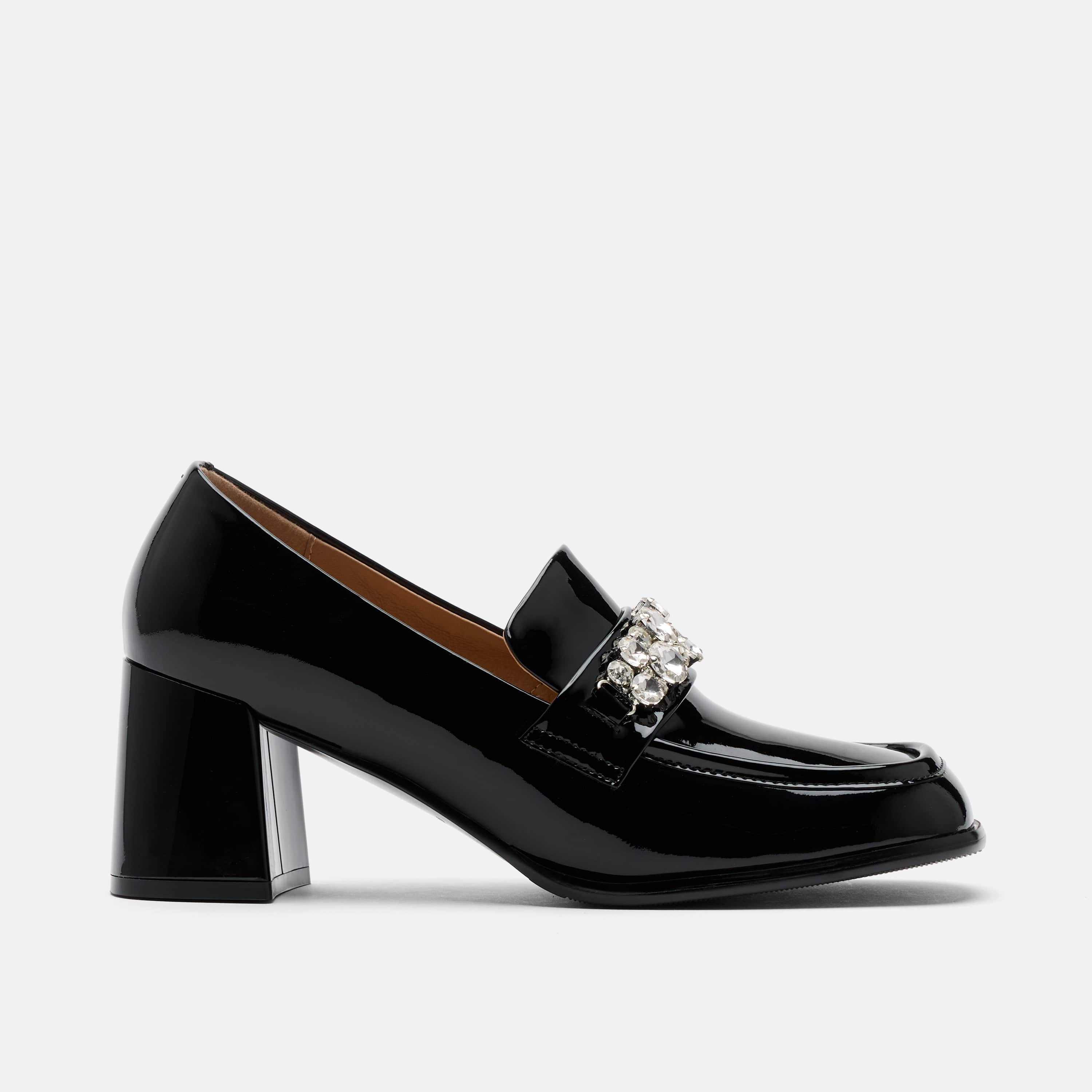 Margot Black Patent Leather Penny Loafer Block Pumps