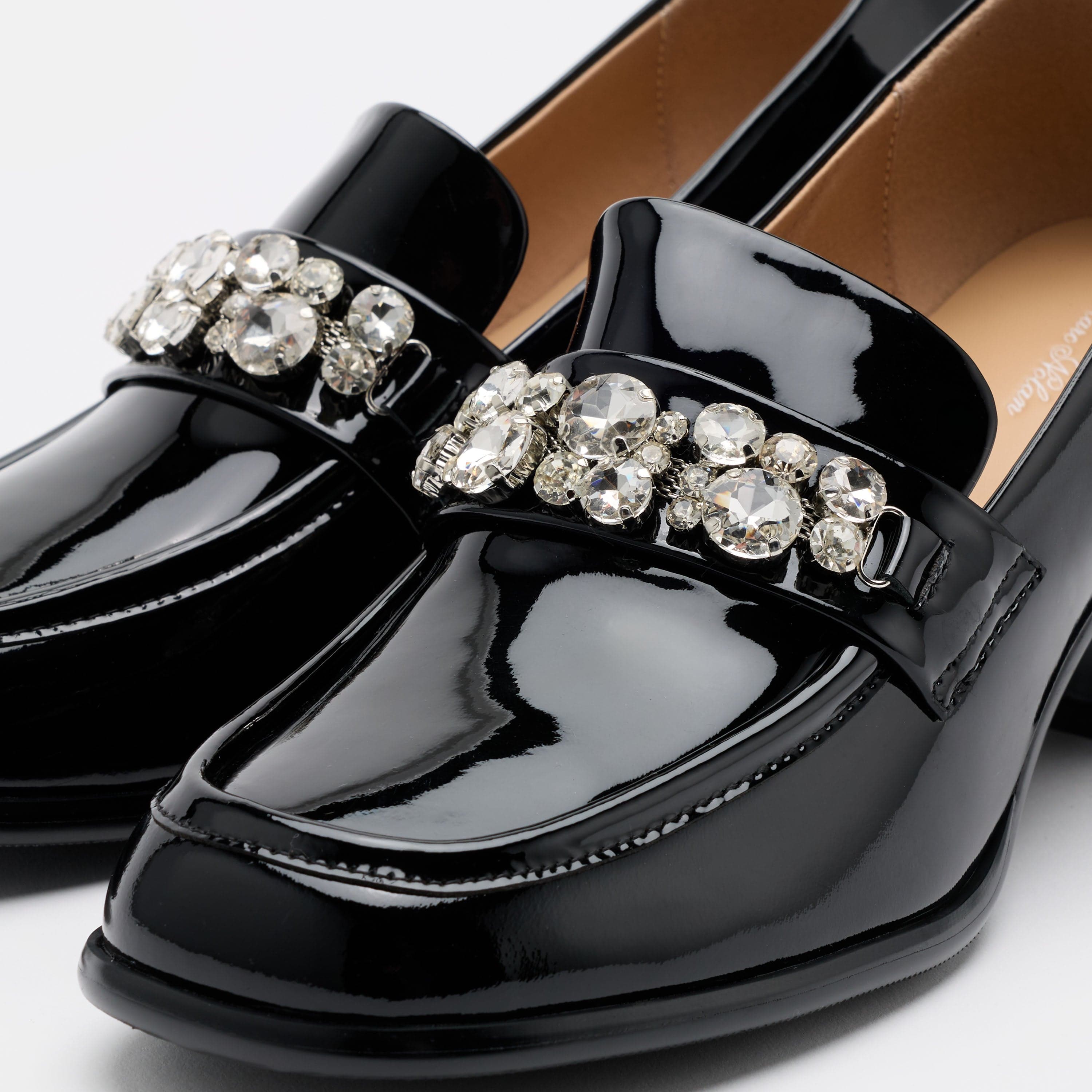 Margot Black Patent Leather Penny Loafer Block Pumps