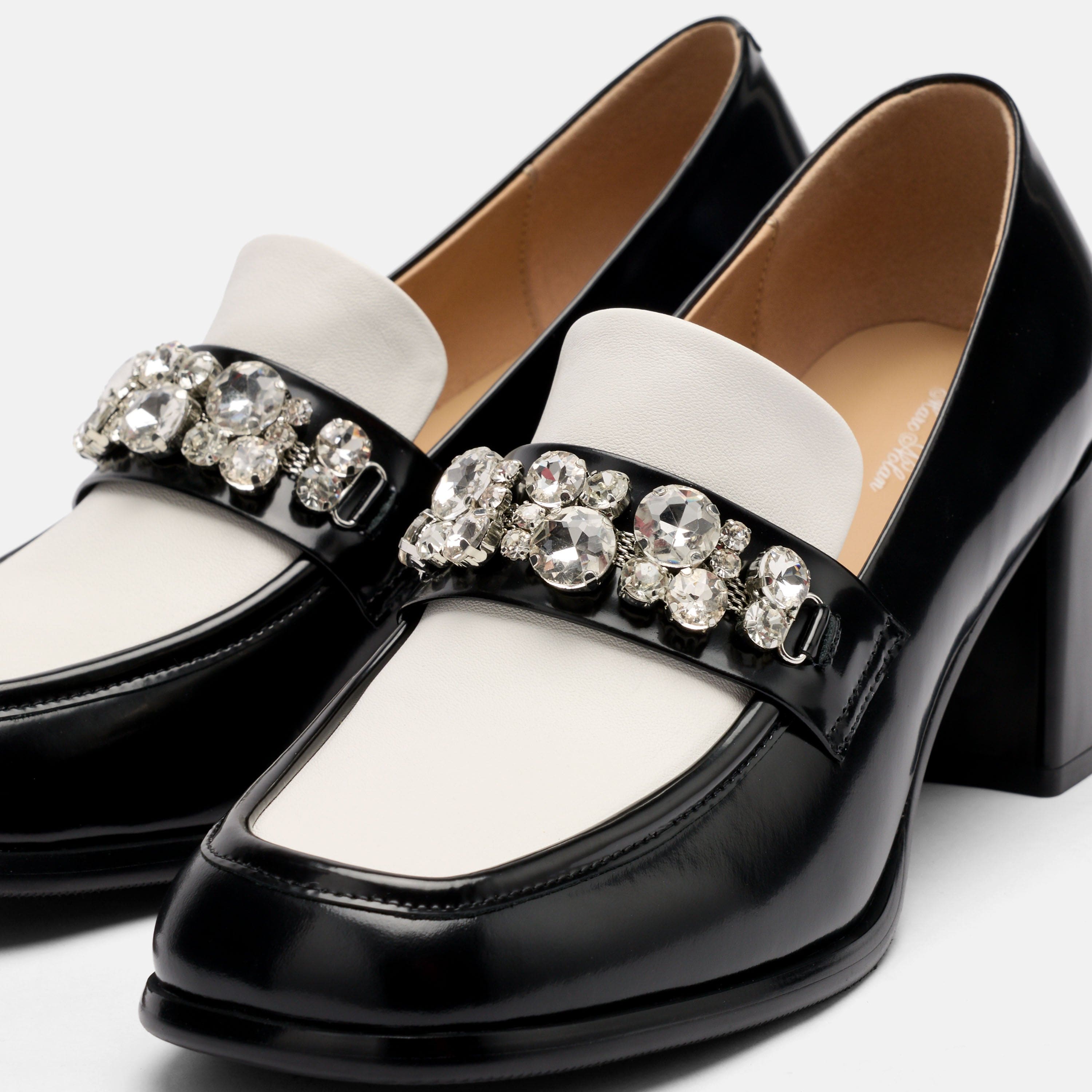 Margot Black/White Patent Leather Penny Loafer Block Pumps