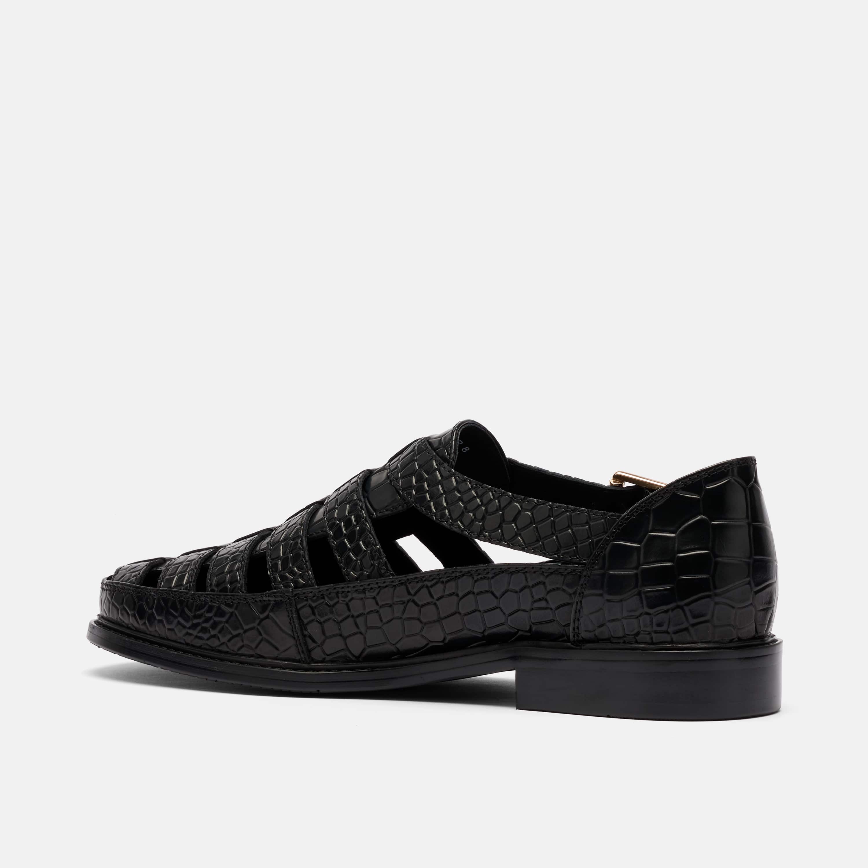 Mariner Black Crocskin Leather Fisherman Sandals