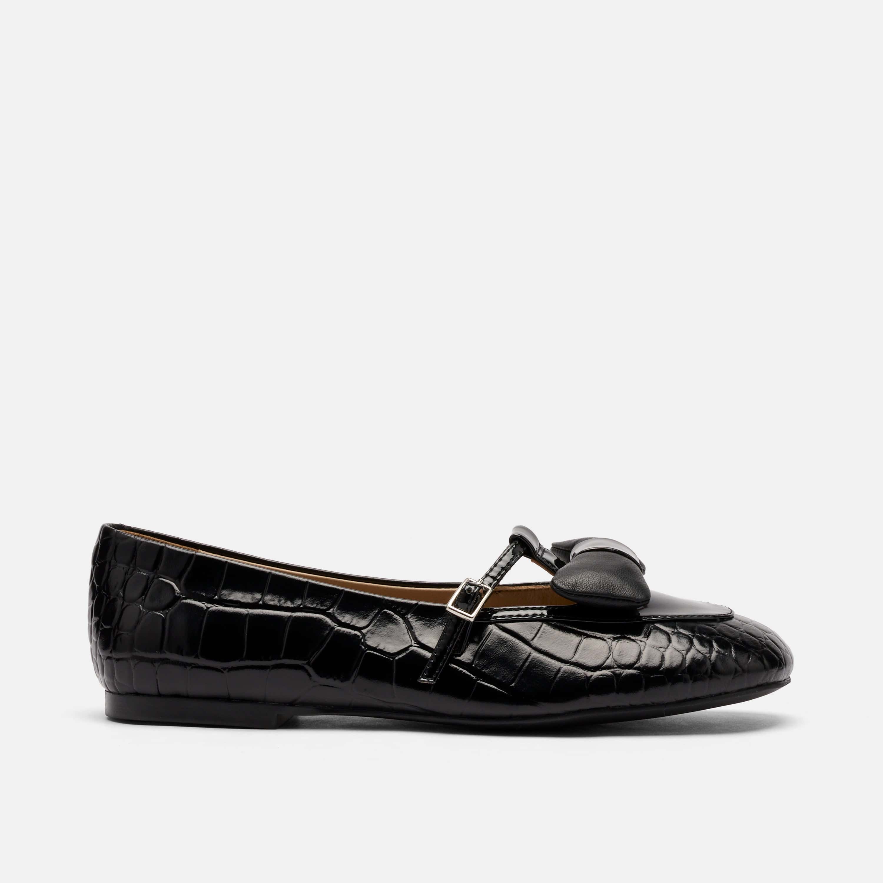 Mina Black Croc Leather Mary Jane Flats
