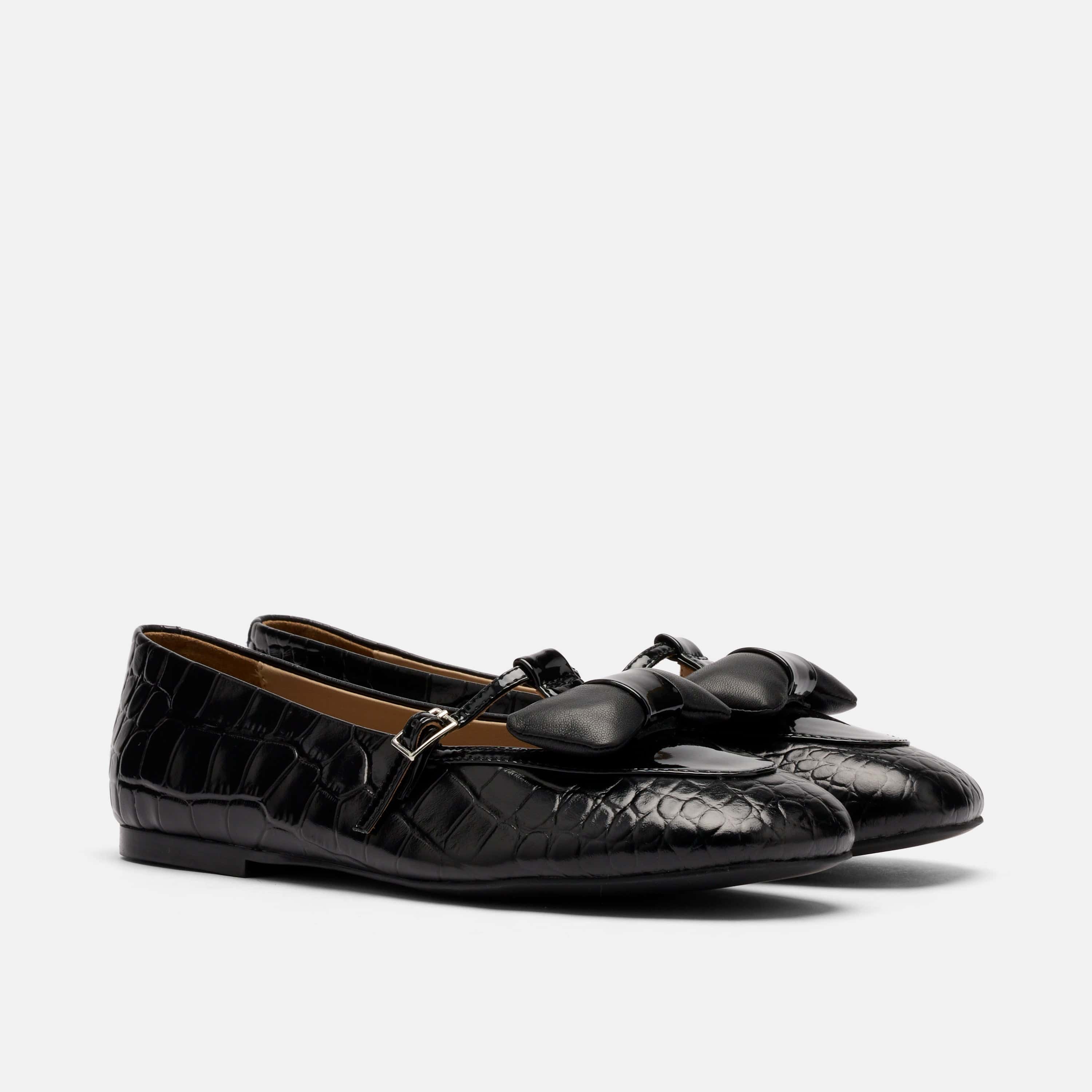 Mina Black Croc Leather Mary Jane Flats