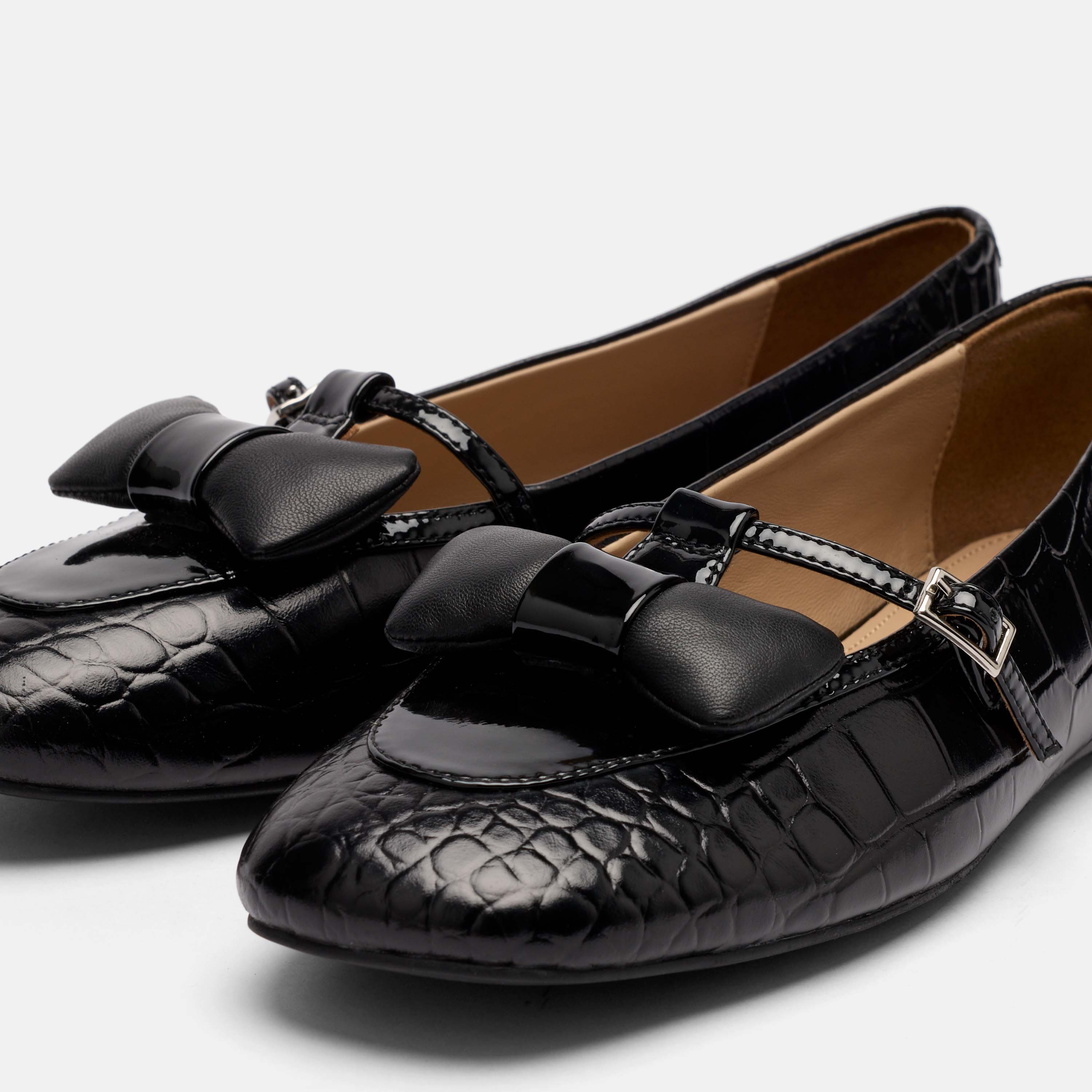 Mina Black Croc Leather Mary Jane Flats