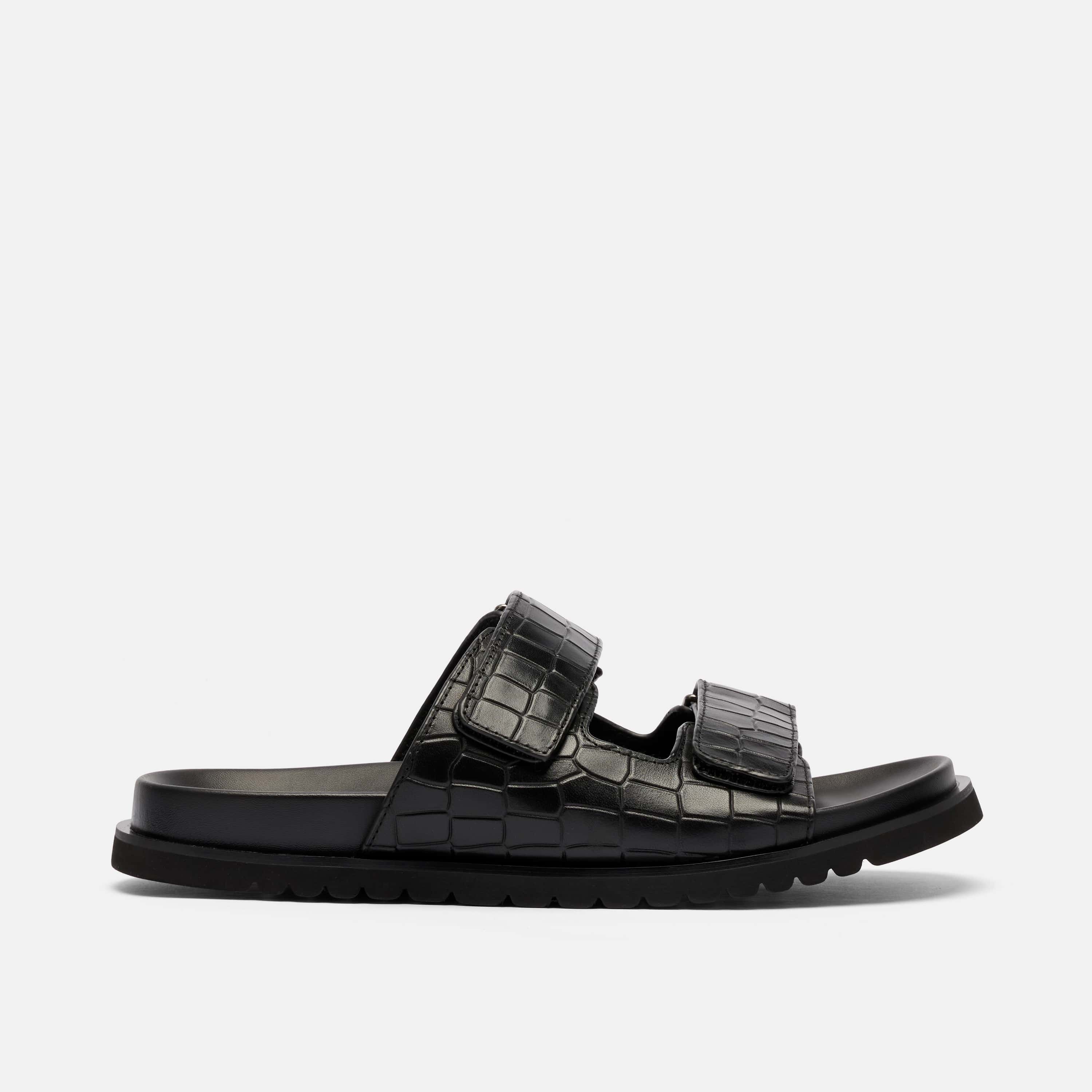 Monaco Black Crocskin Leather Strap Sandals