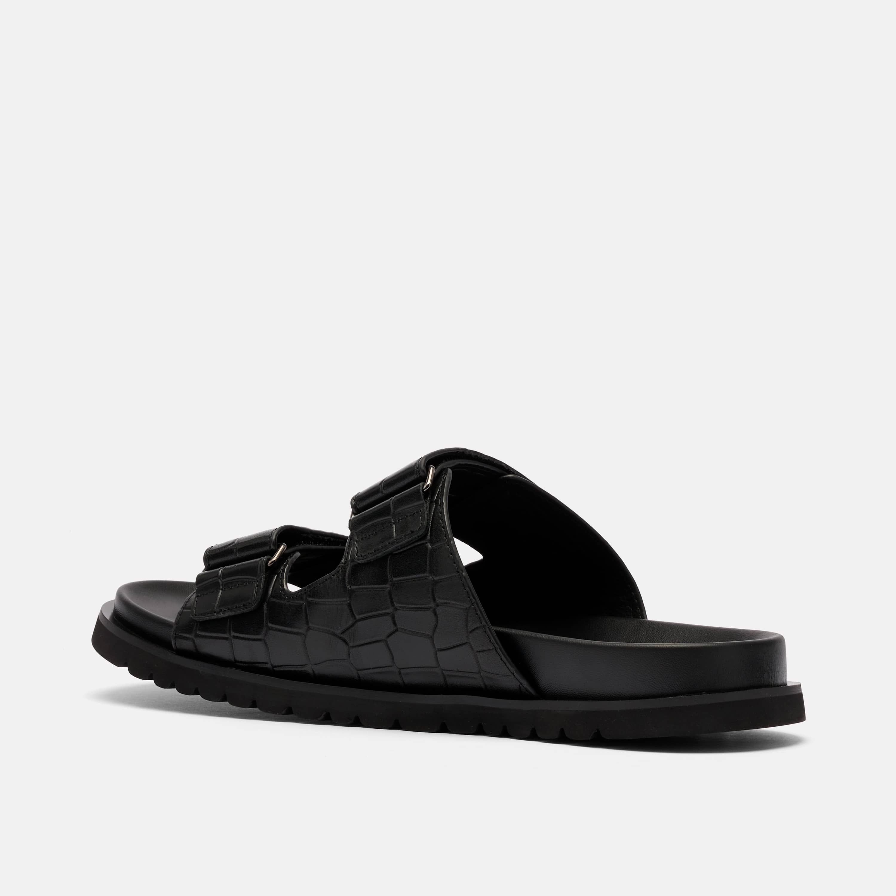 Monaco Black Crocskin Leather Strap Sandals