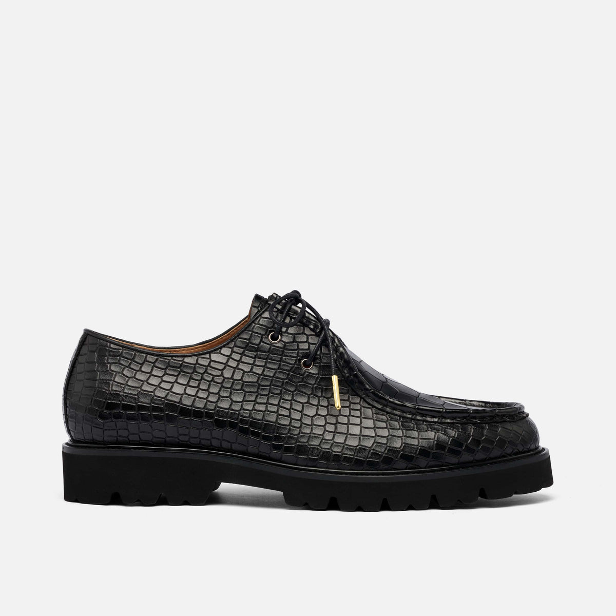 Montana Black Croc Leather Moc Toe Derbys