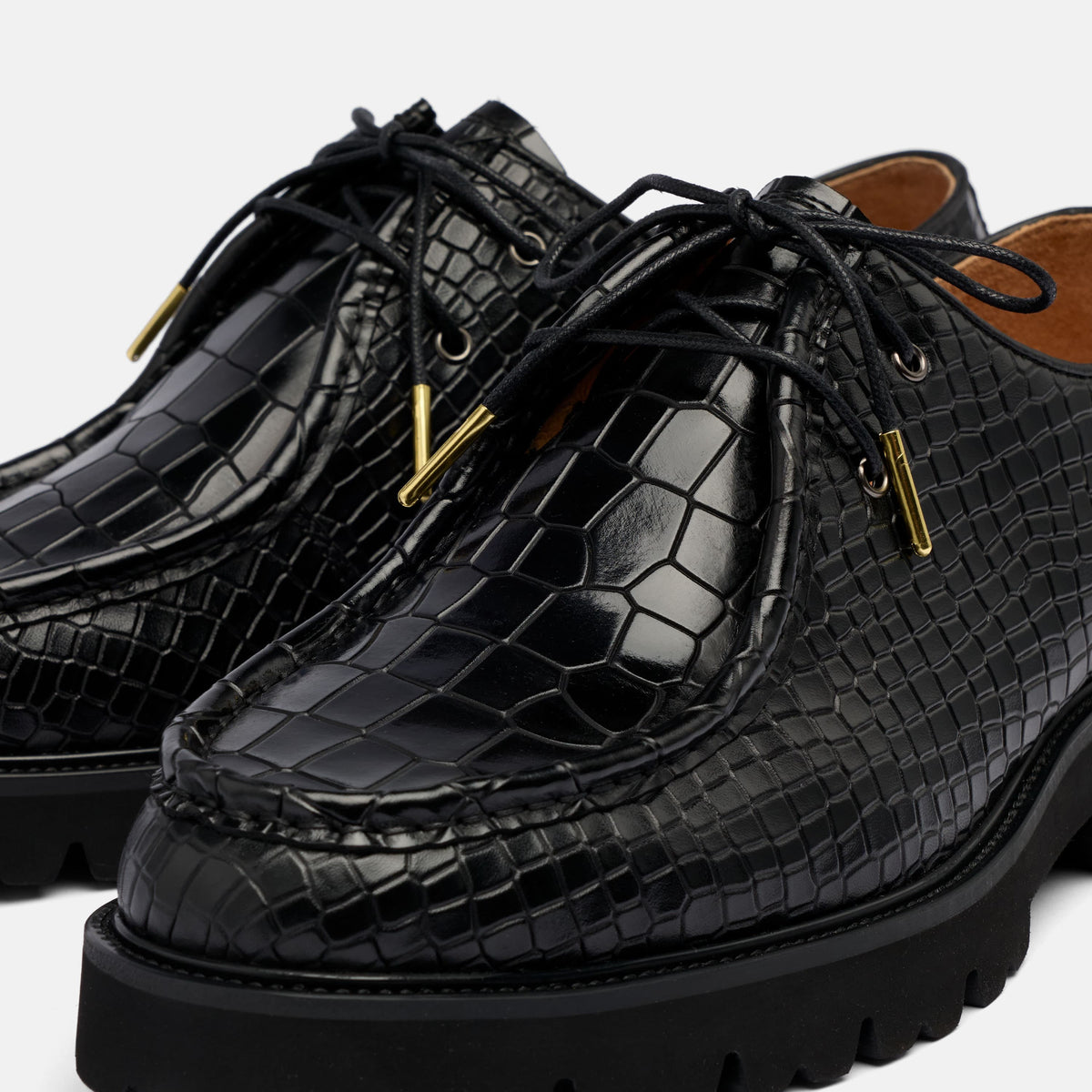 Montana Black Croc Leather Moc Toe Derbys