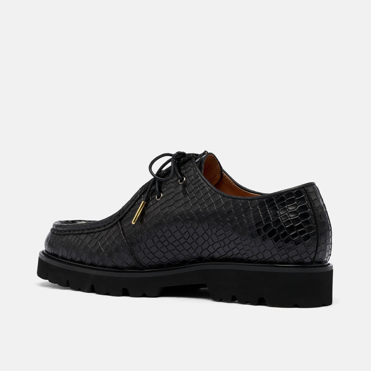 Montana Black Croc Leather Moc Toe Derbys