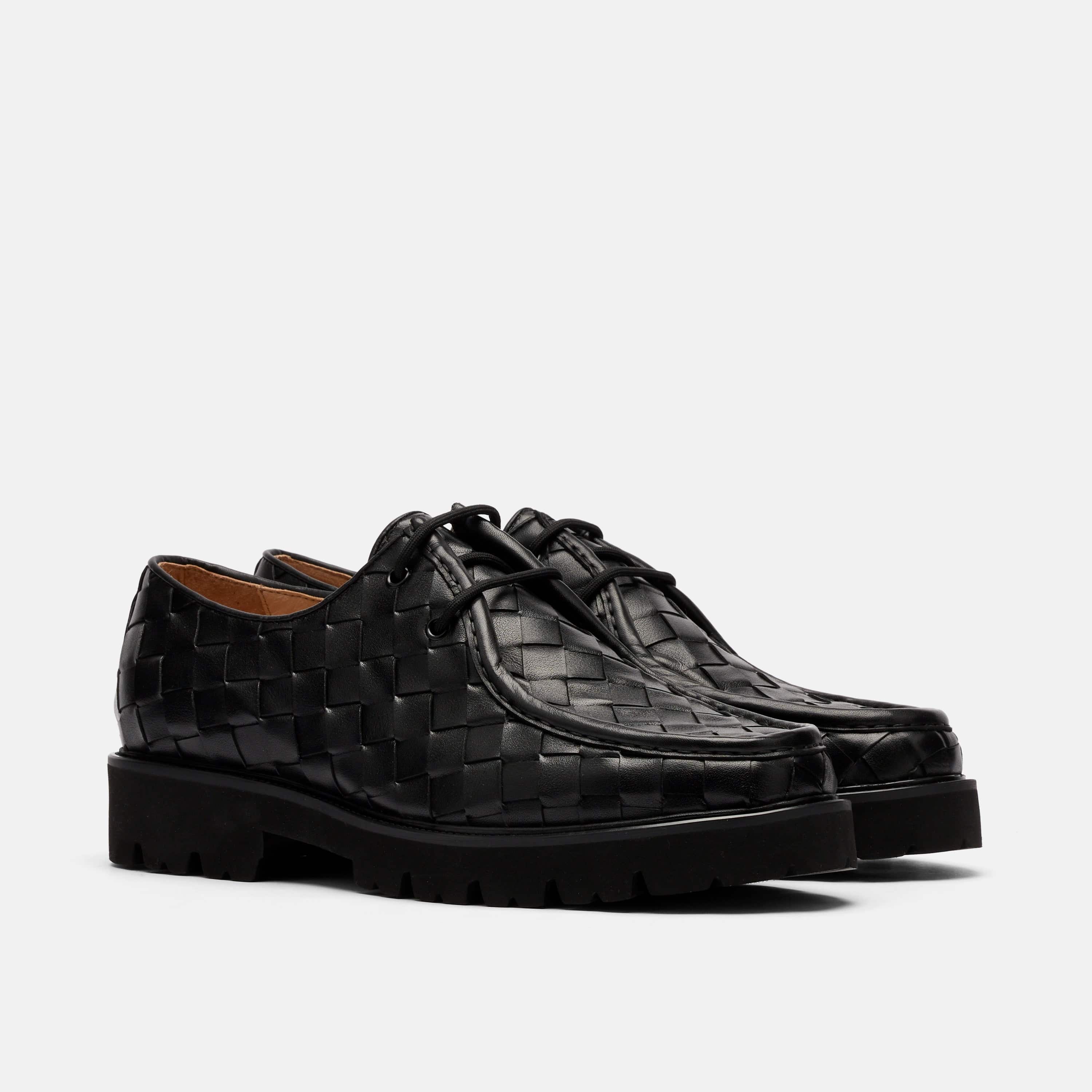 Montana Black Woven Leather Moc Toe Derbys Montana Black Woven Leather Moc Toe Derbys