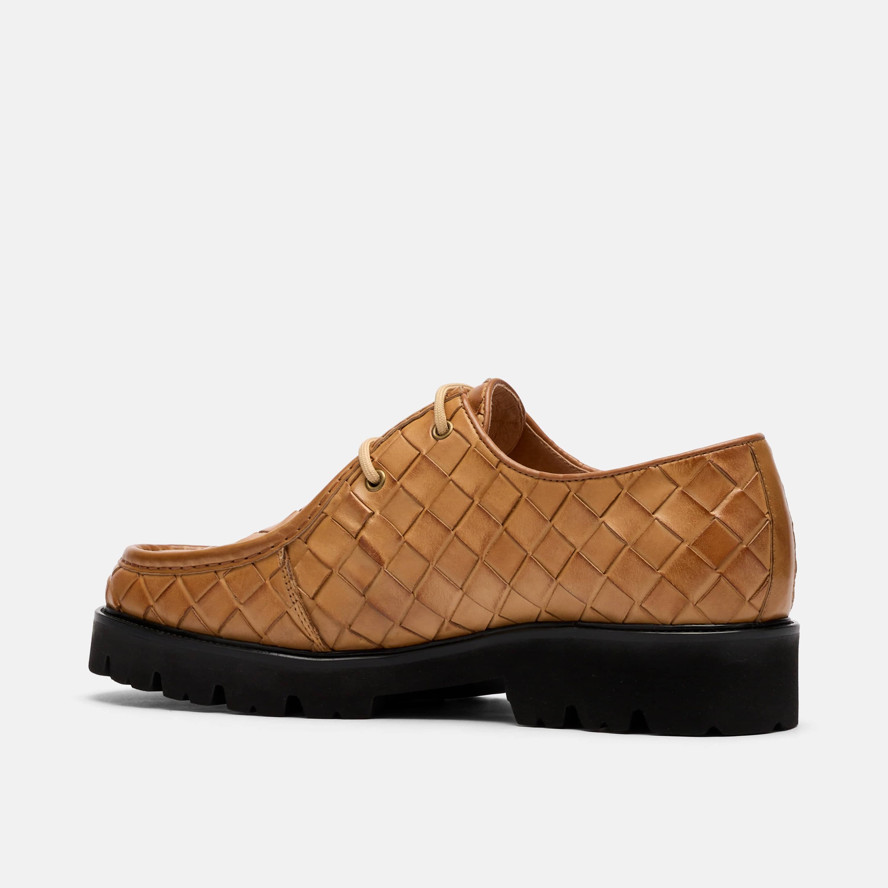Montana Camel Woven Leather Moc Toe Derbys