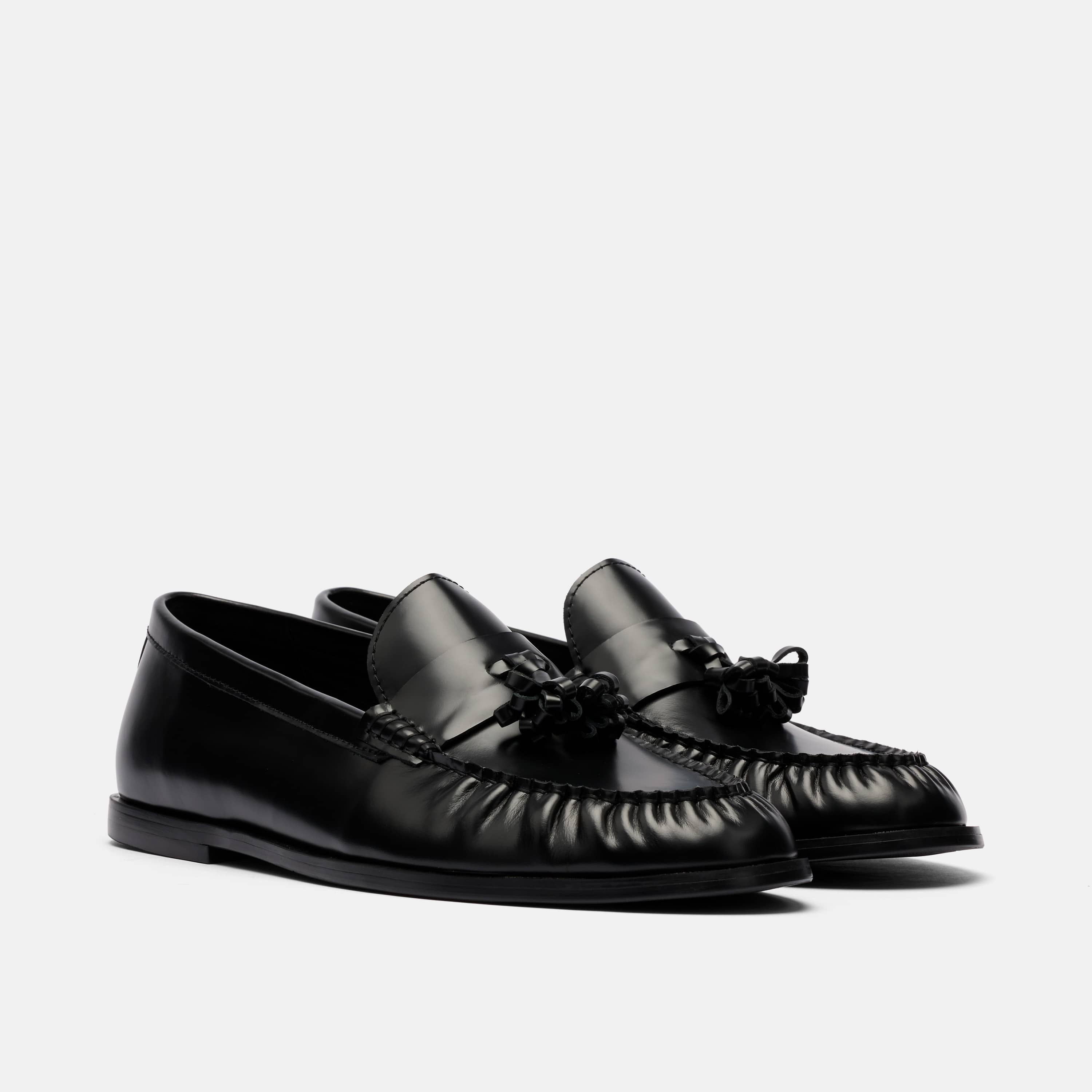 Morgan Black Pleated Leather Tassel Loafers