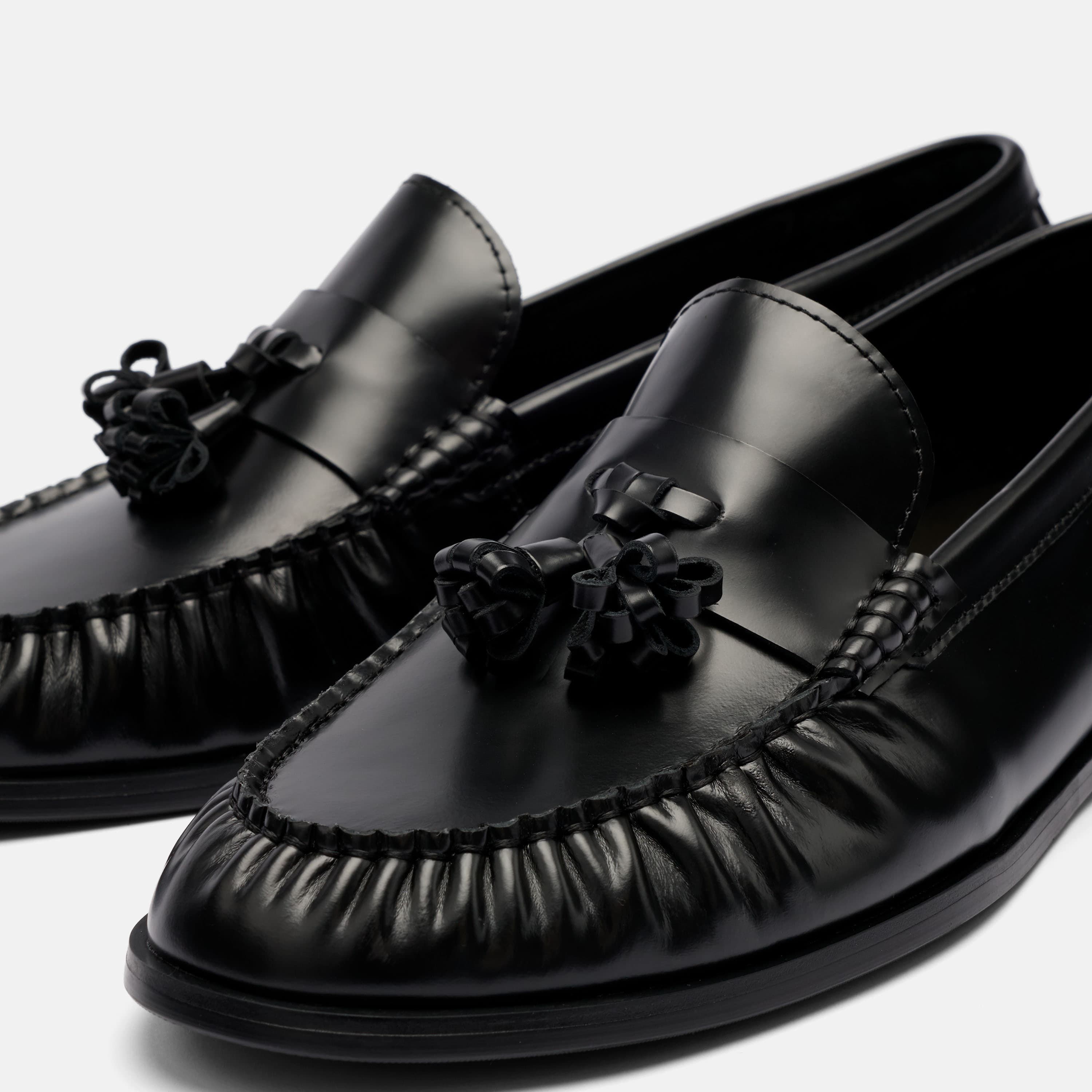 Morgan Black Pleated Leather Tassel Loafers