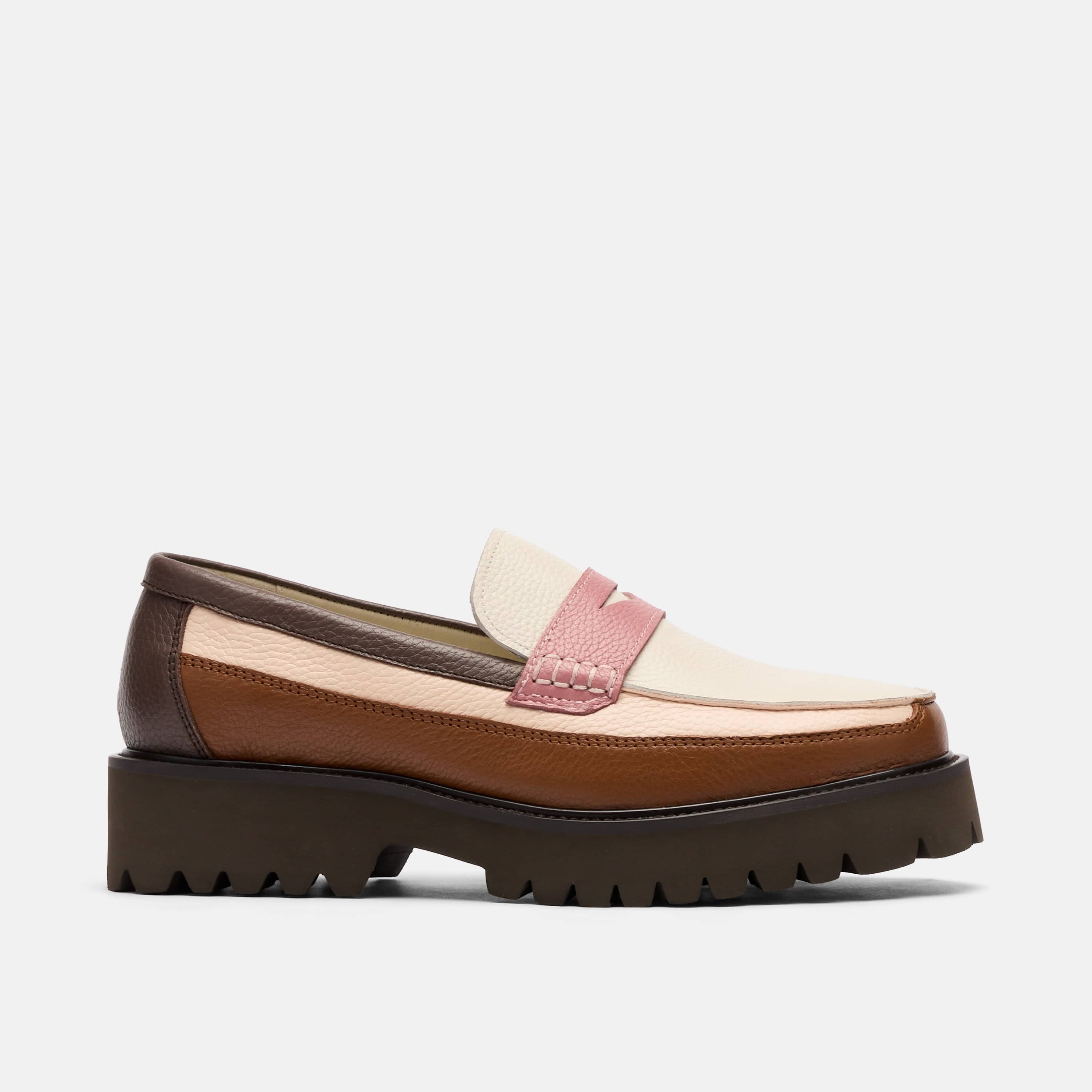 Ms. Adler Brown/Cream/Pink Colorblock Leather Lug Penny Loafers