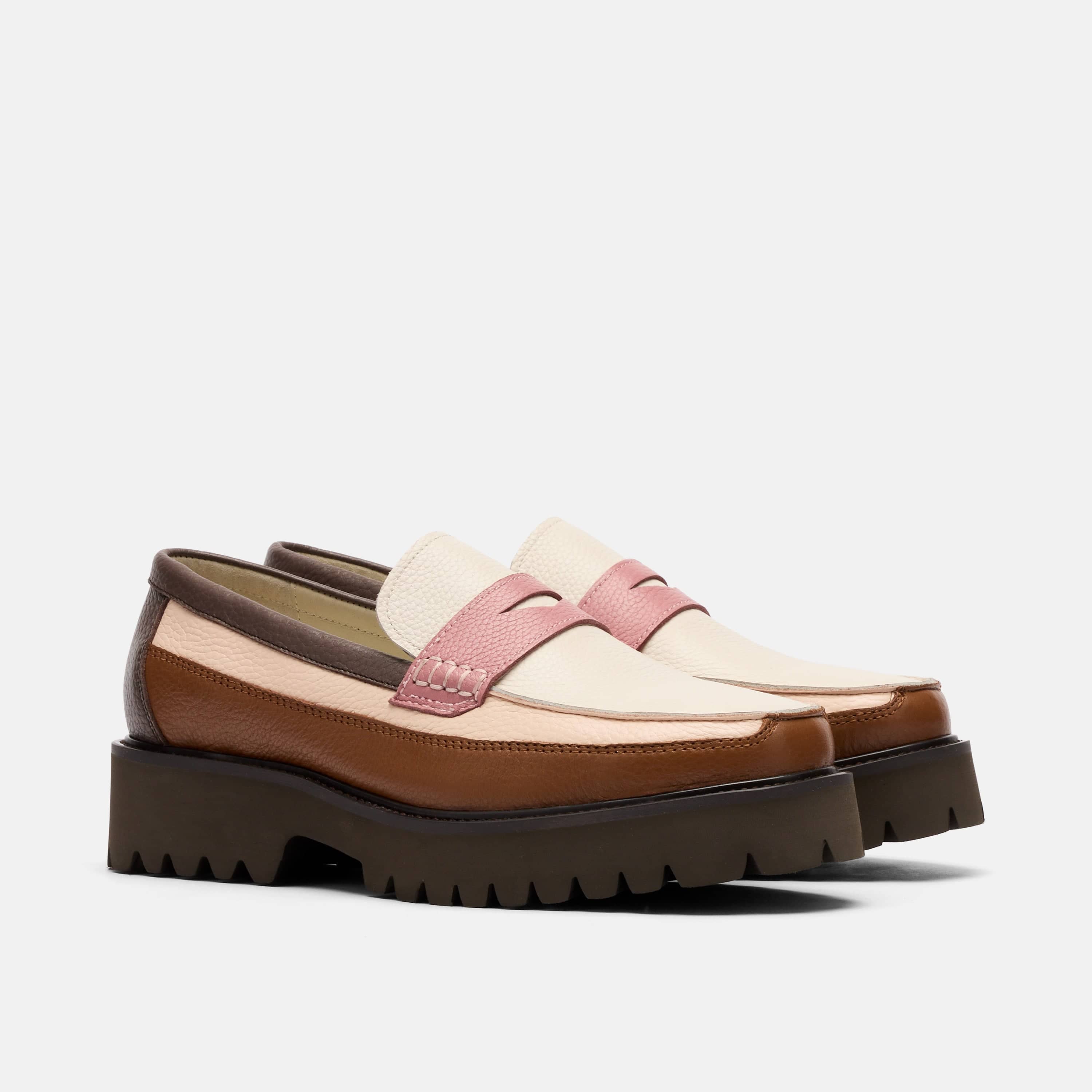 Ms. Adler Brown/Cream/Pink Colorblock Leather Lug Penny Loafers