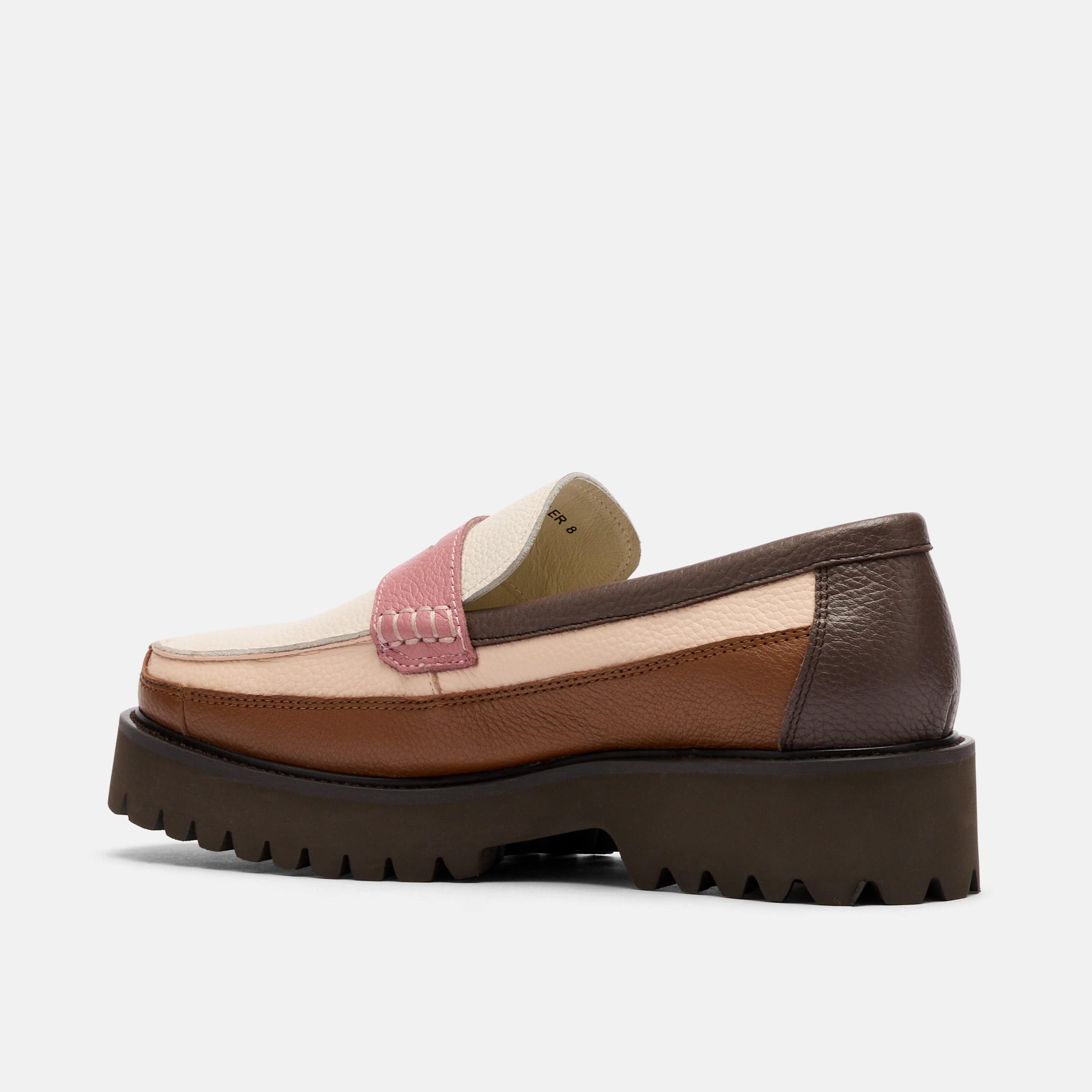 Ms. Adler Brown/Cream/Pink Colorblock Leather Lug Penny Loafers