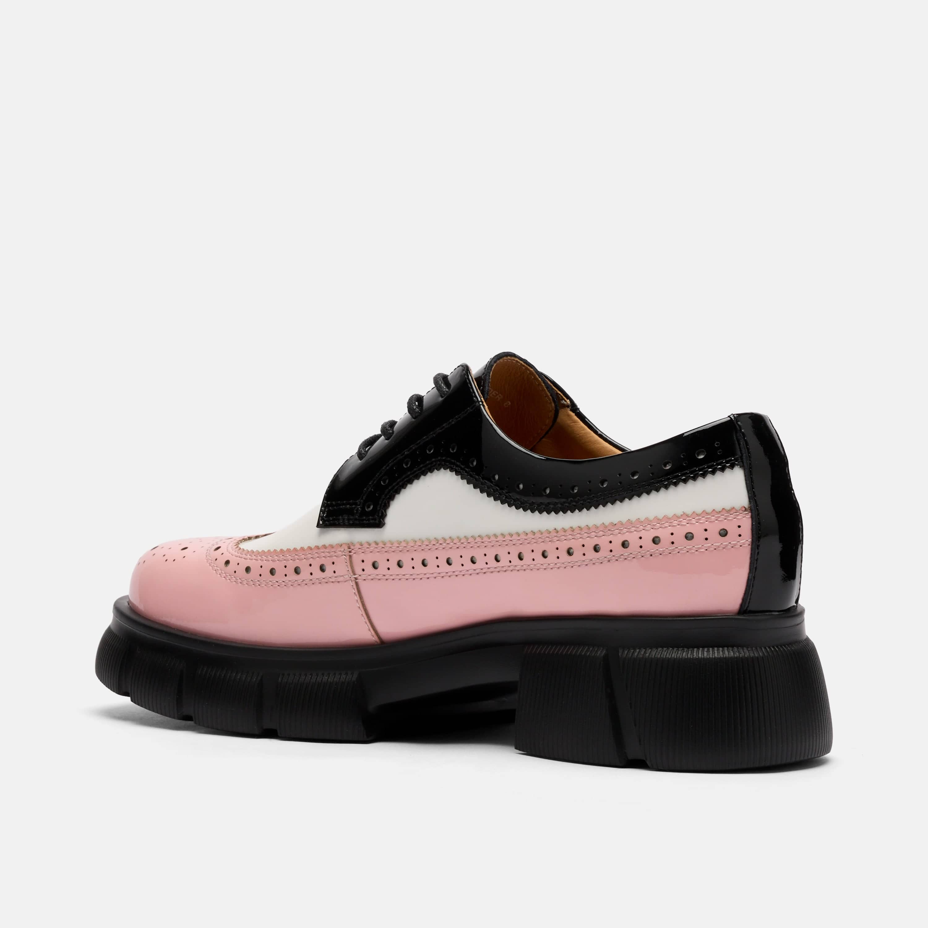 Ms. Alexander Black/White/Pink Patent Leather Lug Wingtip Derby