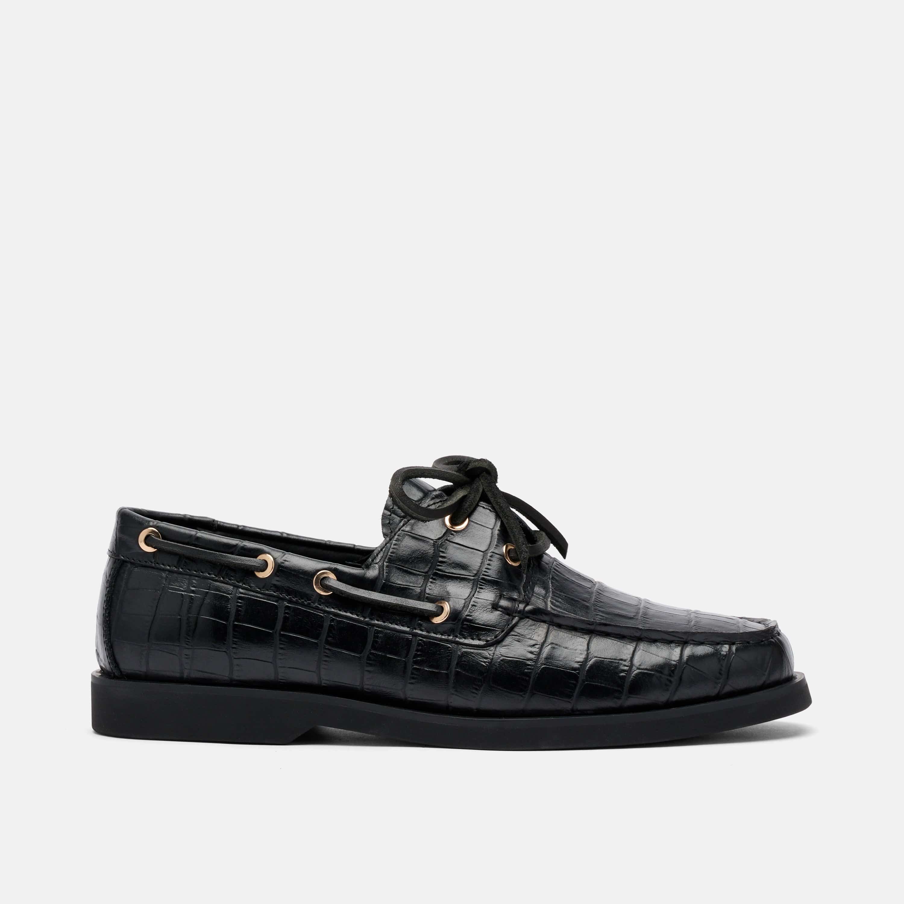 Ms. Capri Black Croc Leather Boat Shoes