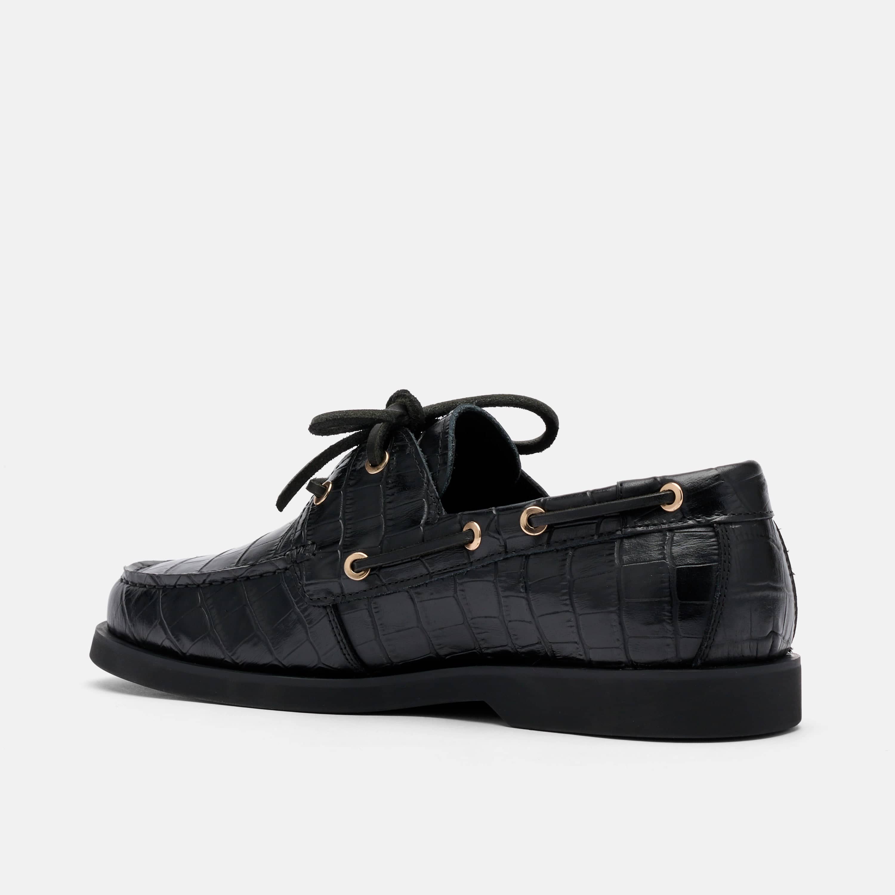 Ms. Capri Black Croc Leather Boat Shoes