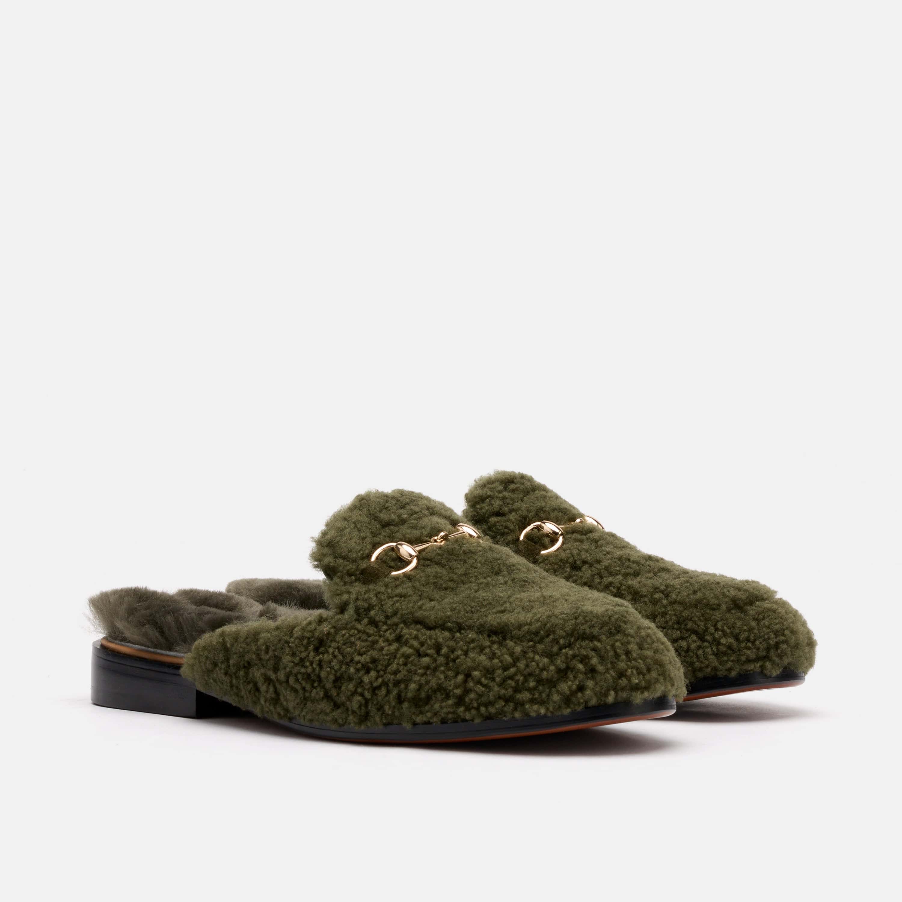 Ms. Del Sol Dark Green Sherpa Bit Loafer Mule