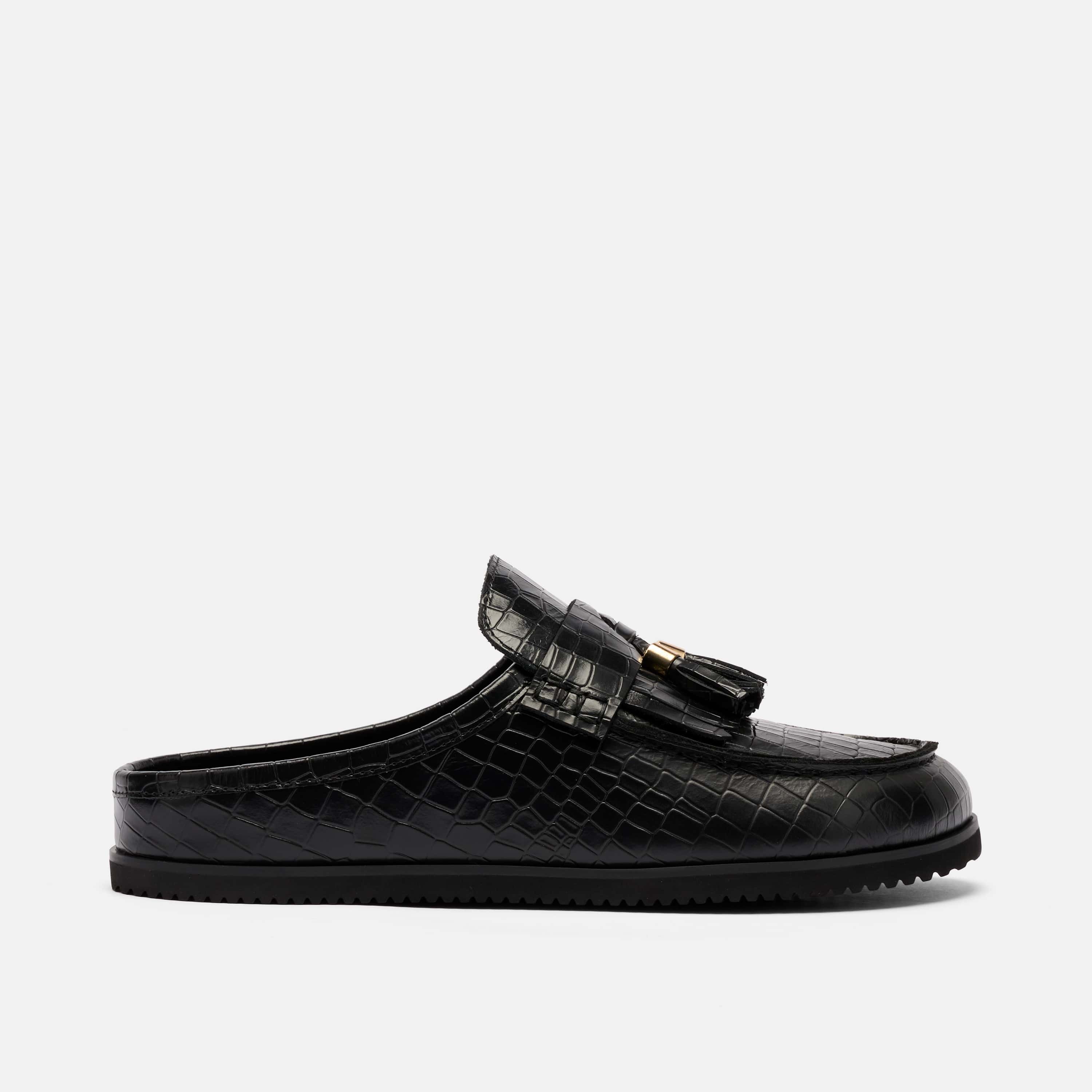Ms. Hampton Black Crocskin Leather Tassel Mules