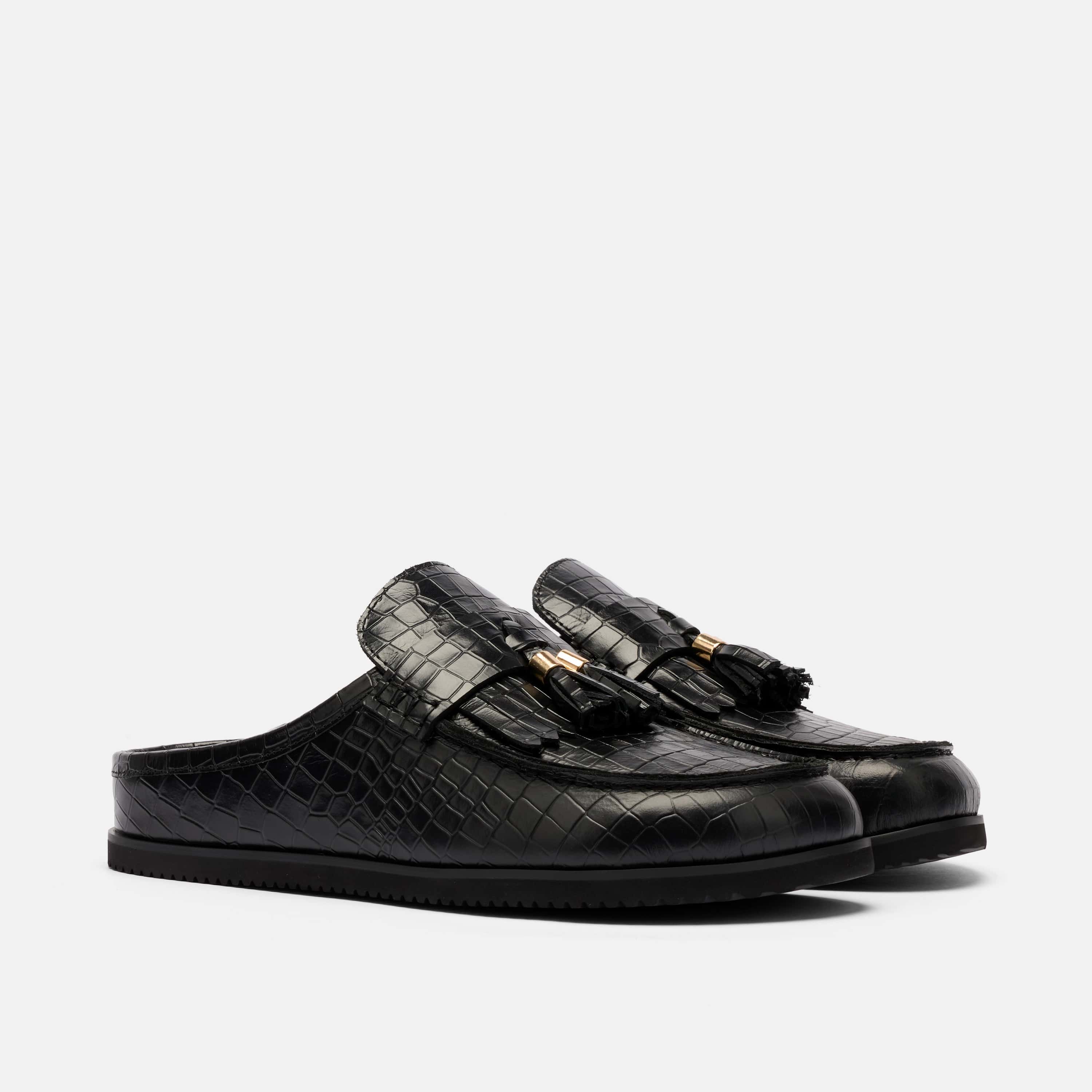 Ms. Hampton Black Crocskin Leather Tassel Mules