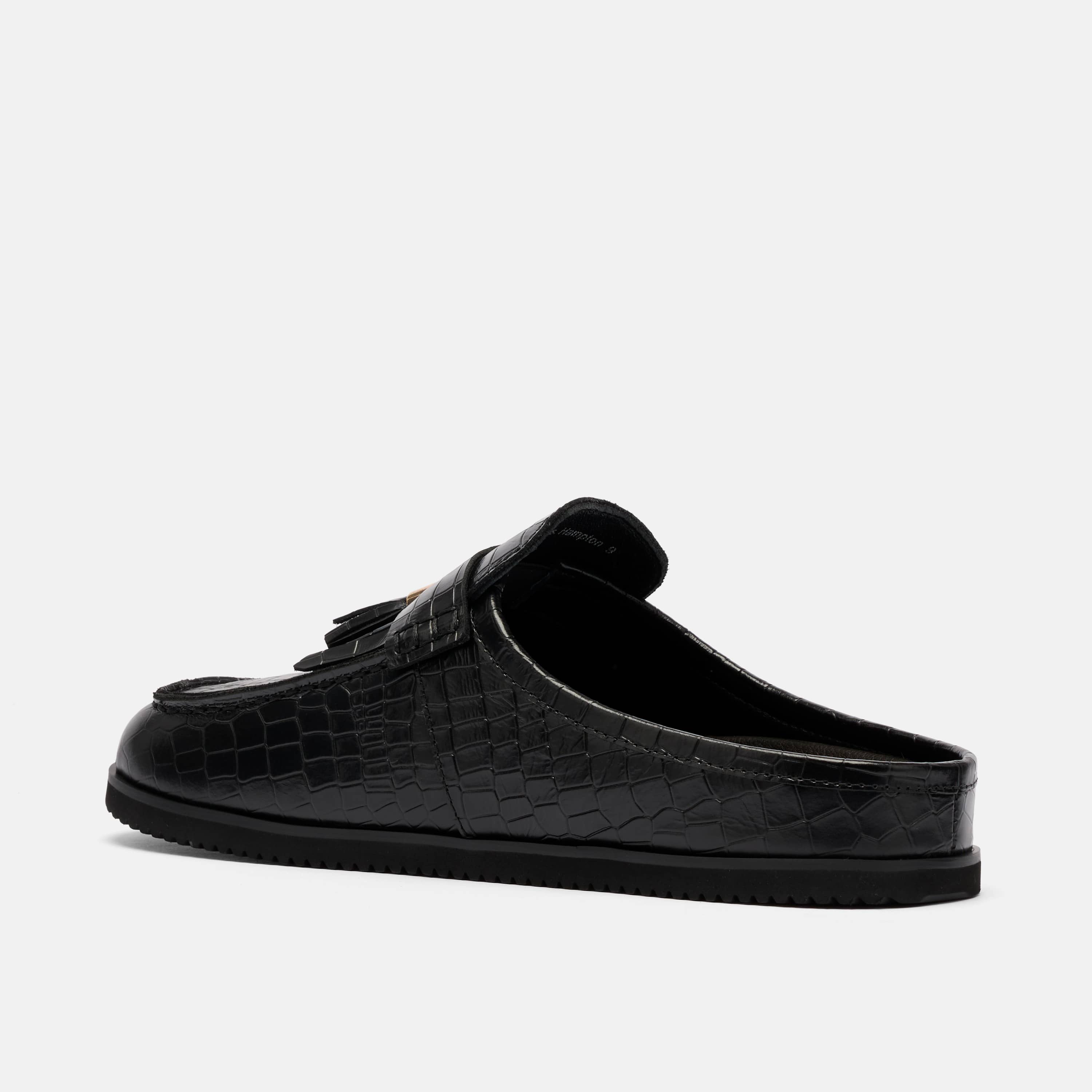 Ms. Hampton Black Crocskin Leather Tassel Mules