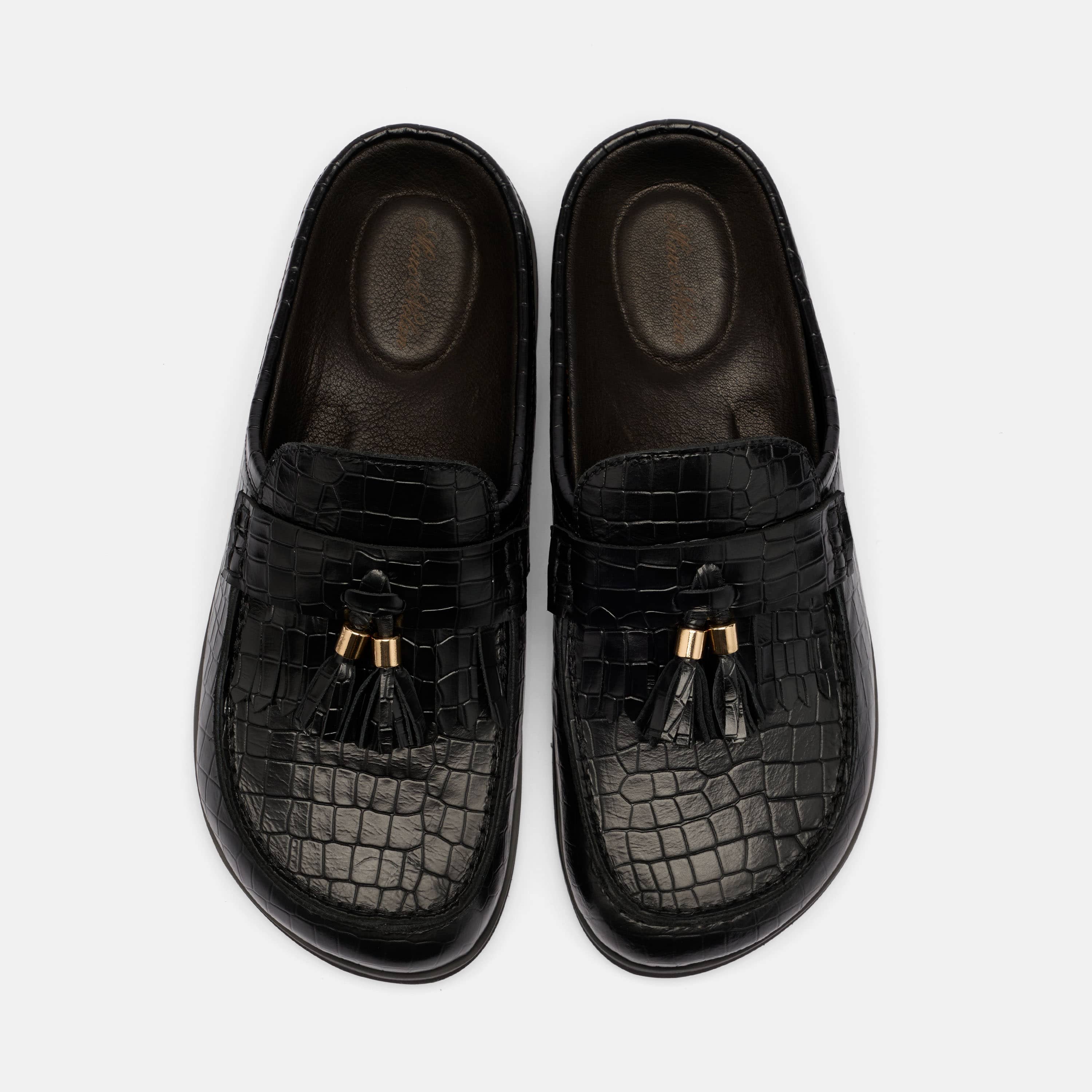 Ms. Hampton Black Crocskin Leather Tassel Mules