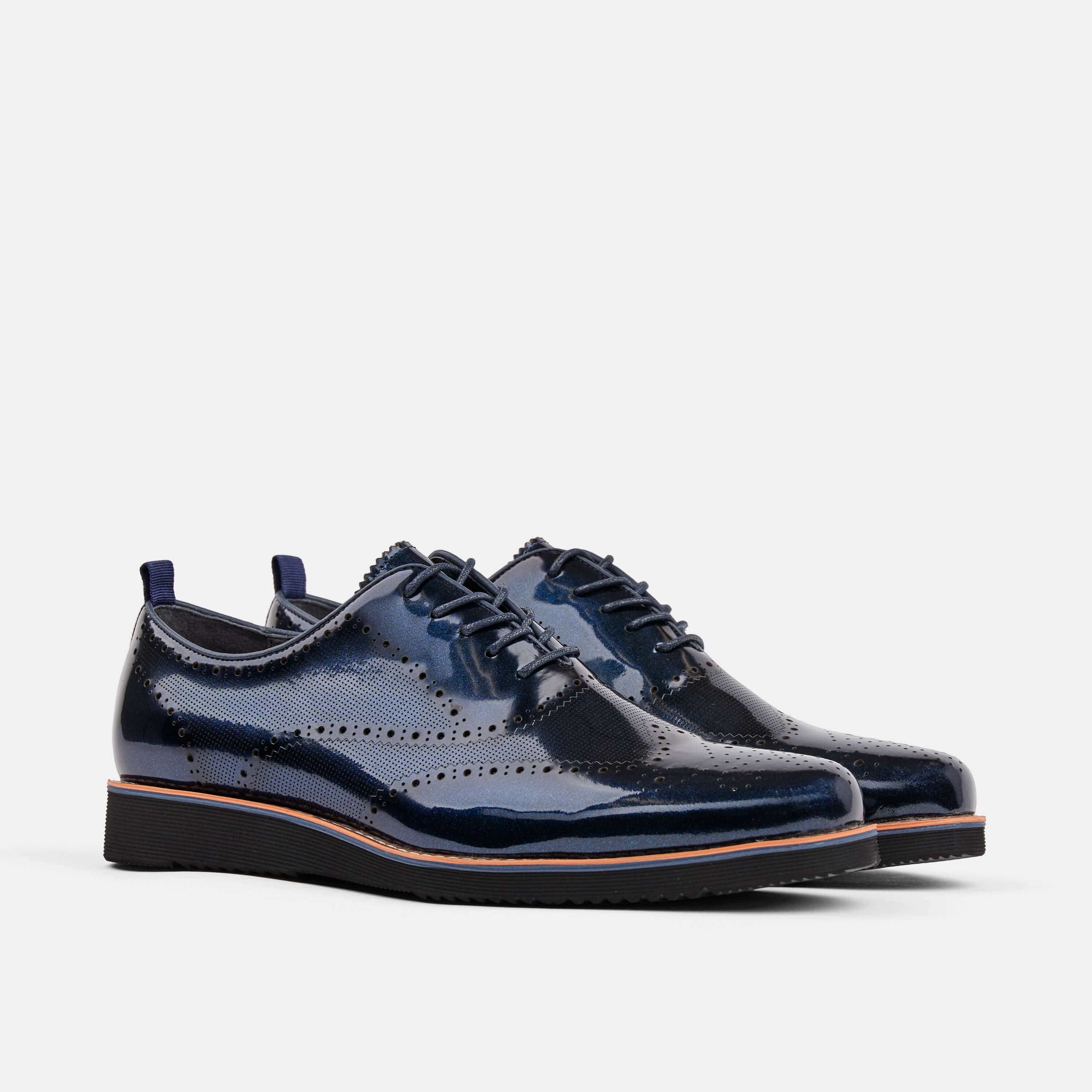 Oscar Navy Patent Leather Wholecut Brogue Sneakers (Black Sole)