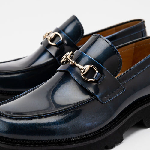 Blake Navy Patent Leather Lug Bit Loafers