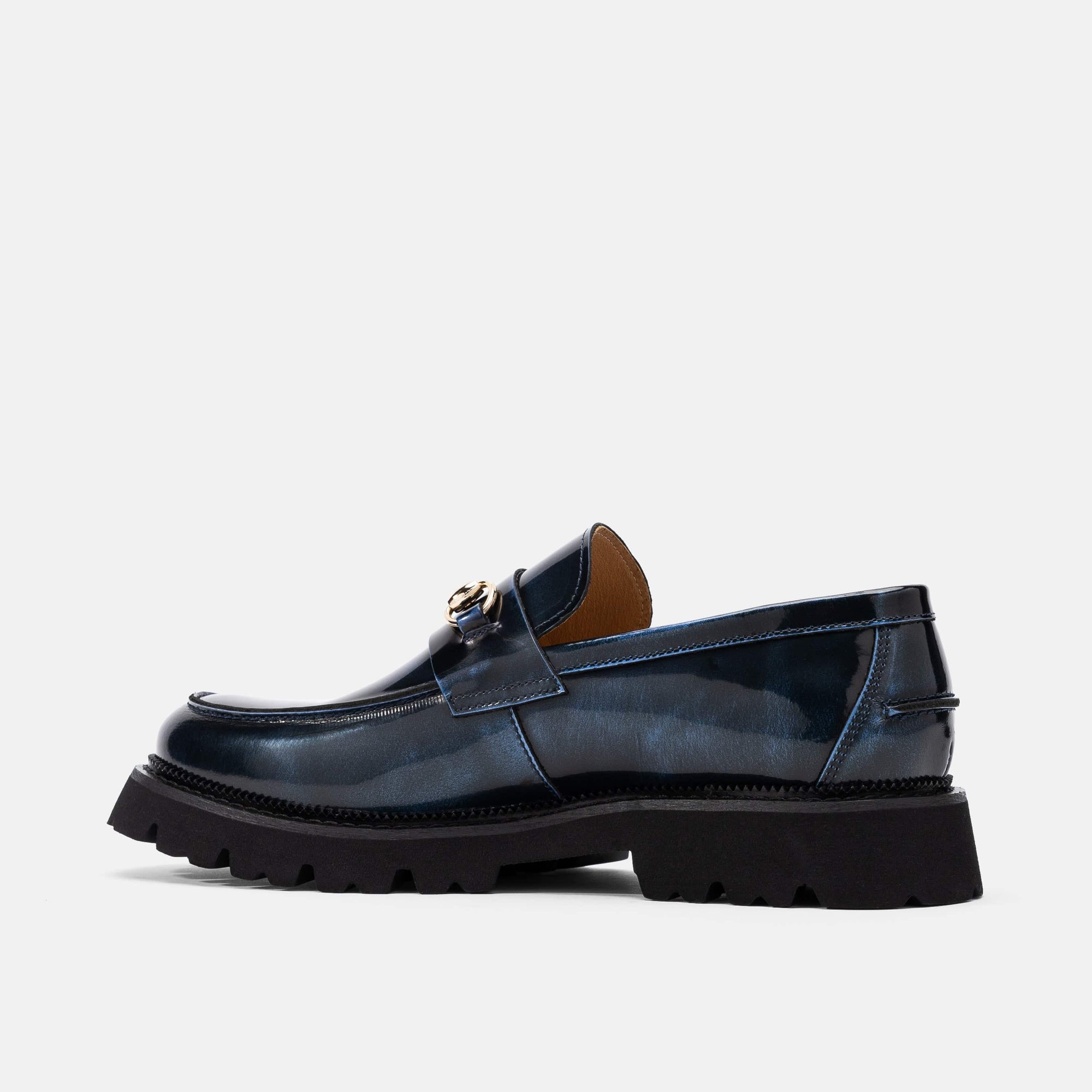 Blake Navy Patent Leather Lug Bit Loafers