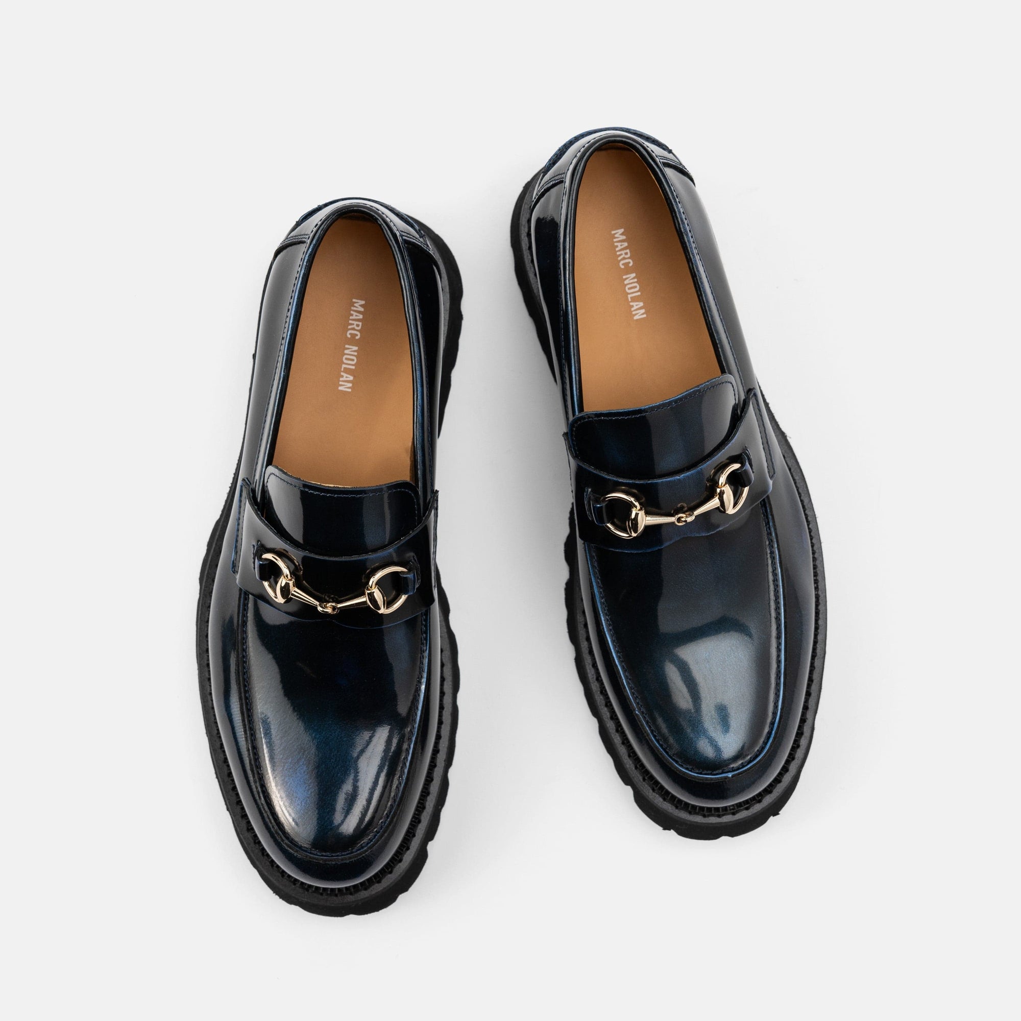 Blake Navy Patent Leather Lug Bit Loafers