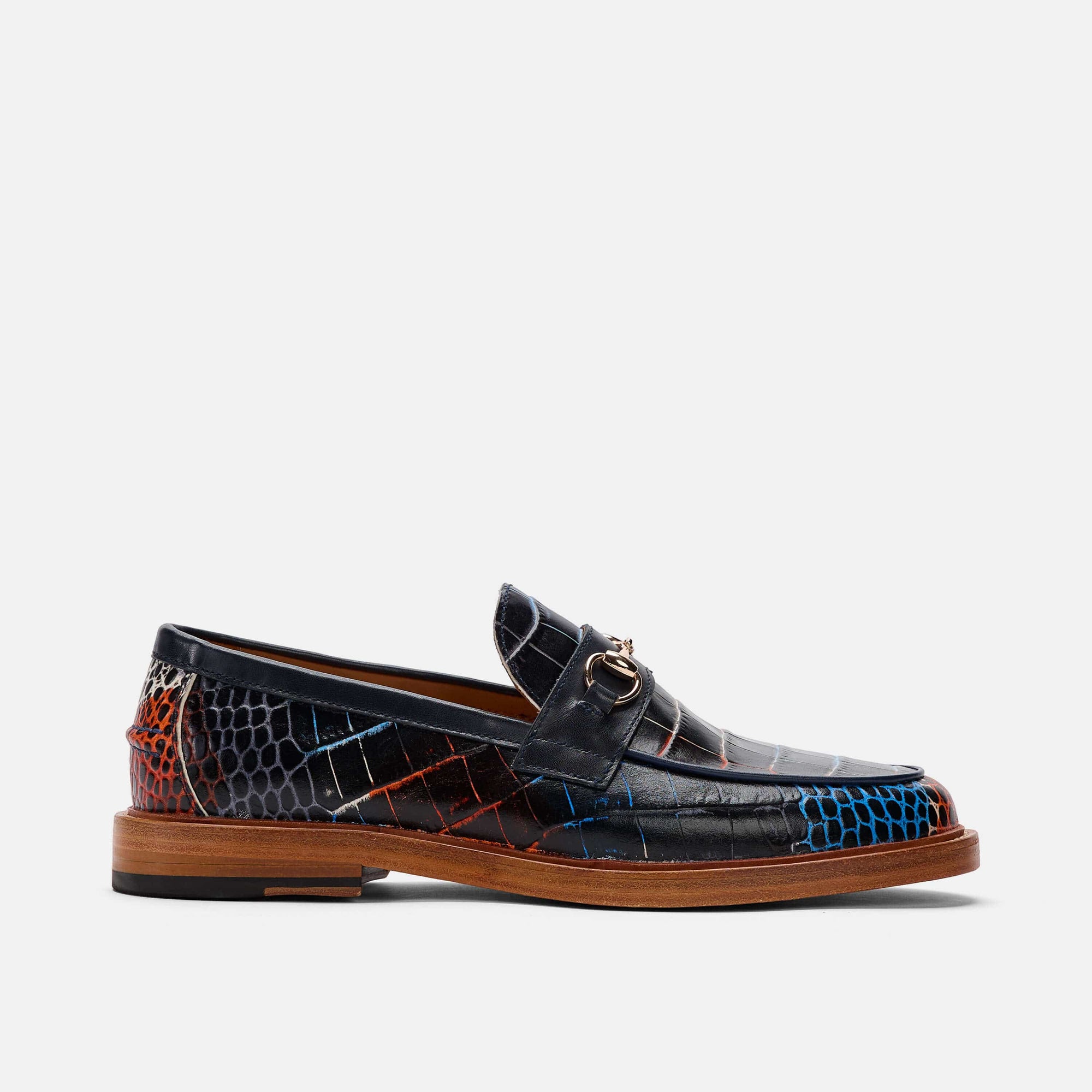 Boardwalk Navy Blue Croc Leather Horse-Bit Loafers