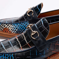 Boardwalk Navy Blue Croc Leather Horse-Bit Loafers