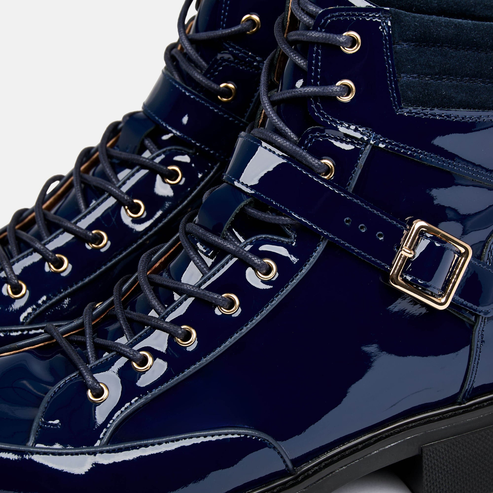 Atlas Navy Patent Leather Strap Boots - Leather - Size: 12 by Marc Nolan