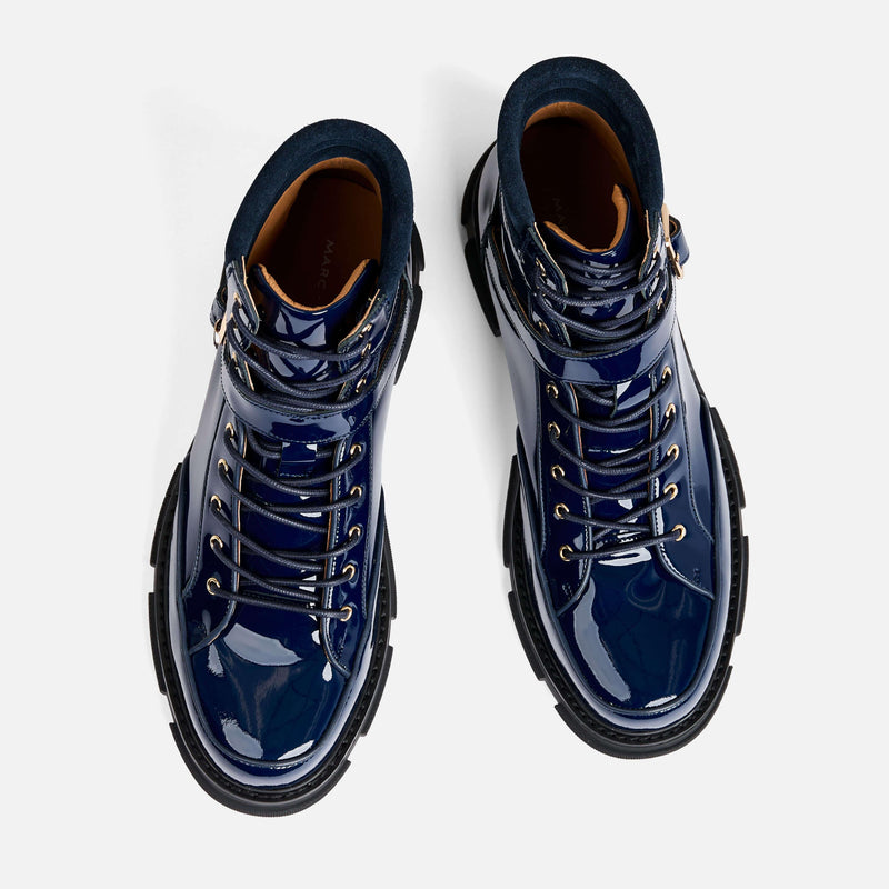 Atlas Navy Patent Leather Strap Boots - Leather - Size: 12 by Marc Nolan