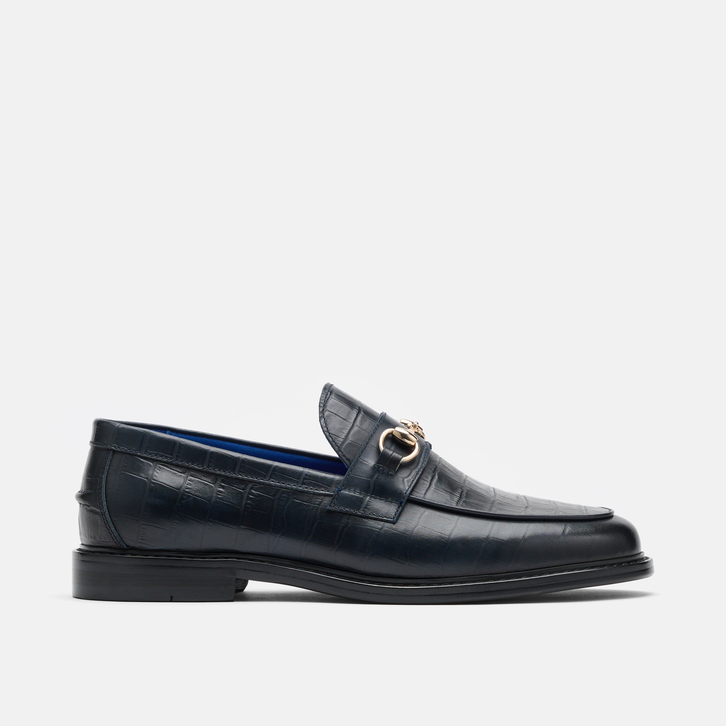 Boardwalk Navy Croc Leather Horse-Bit Loafers