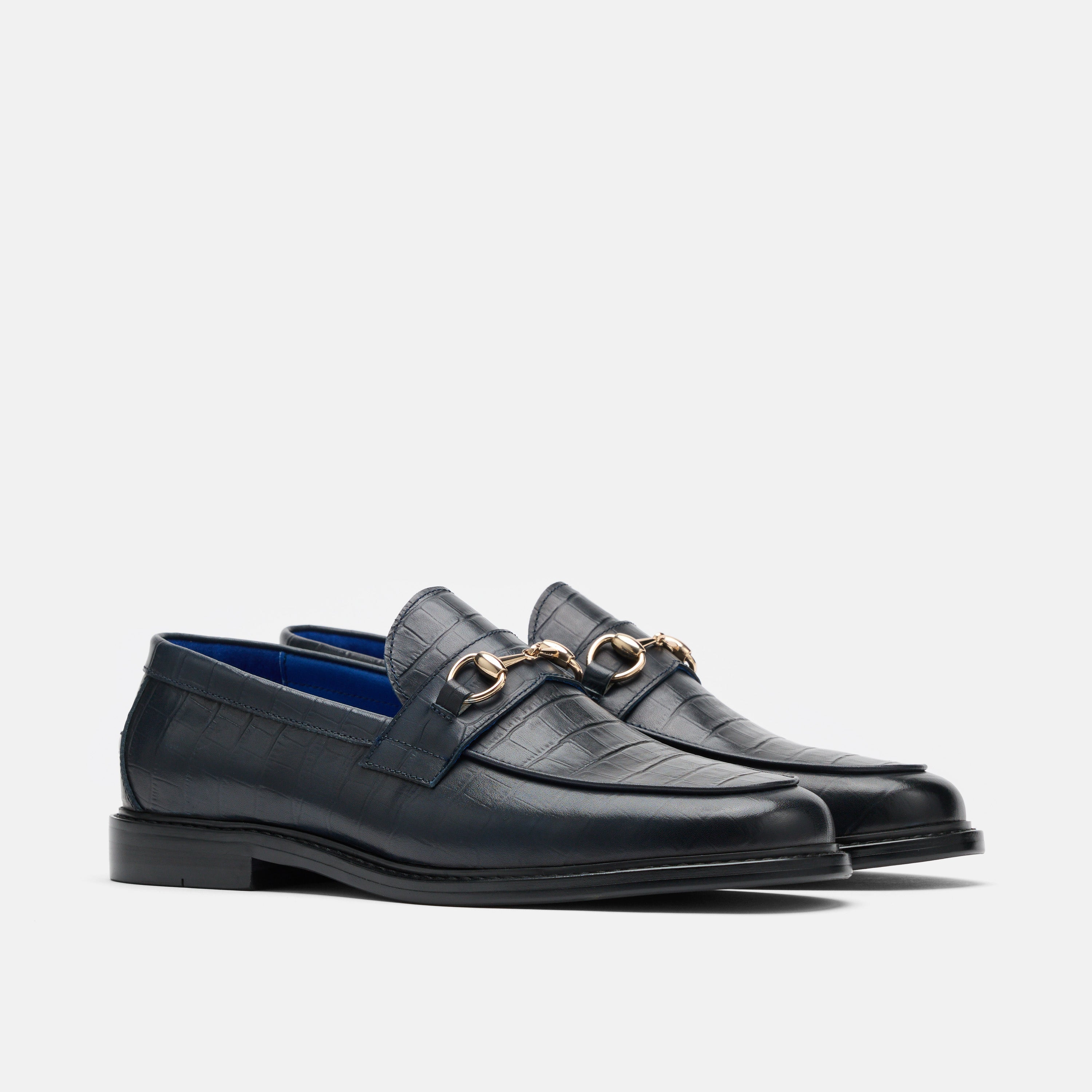 Boardwalk Navy Croc Leather Horse-Bit Loafers