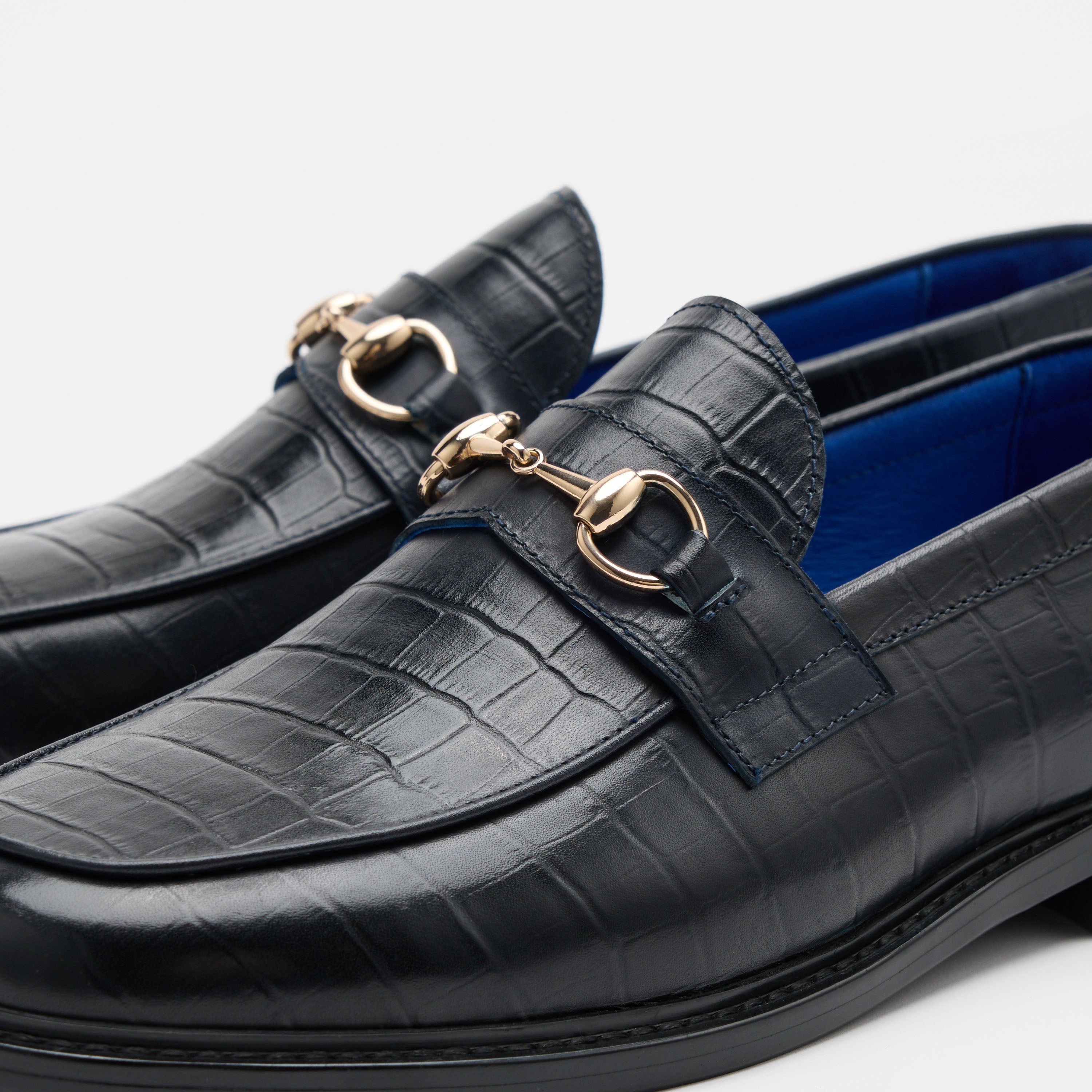 Boardwalk Navy Croc Leather Horse-Bit Loafers