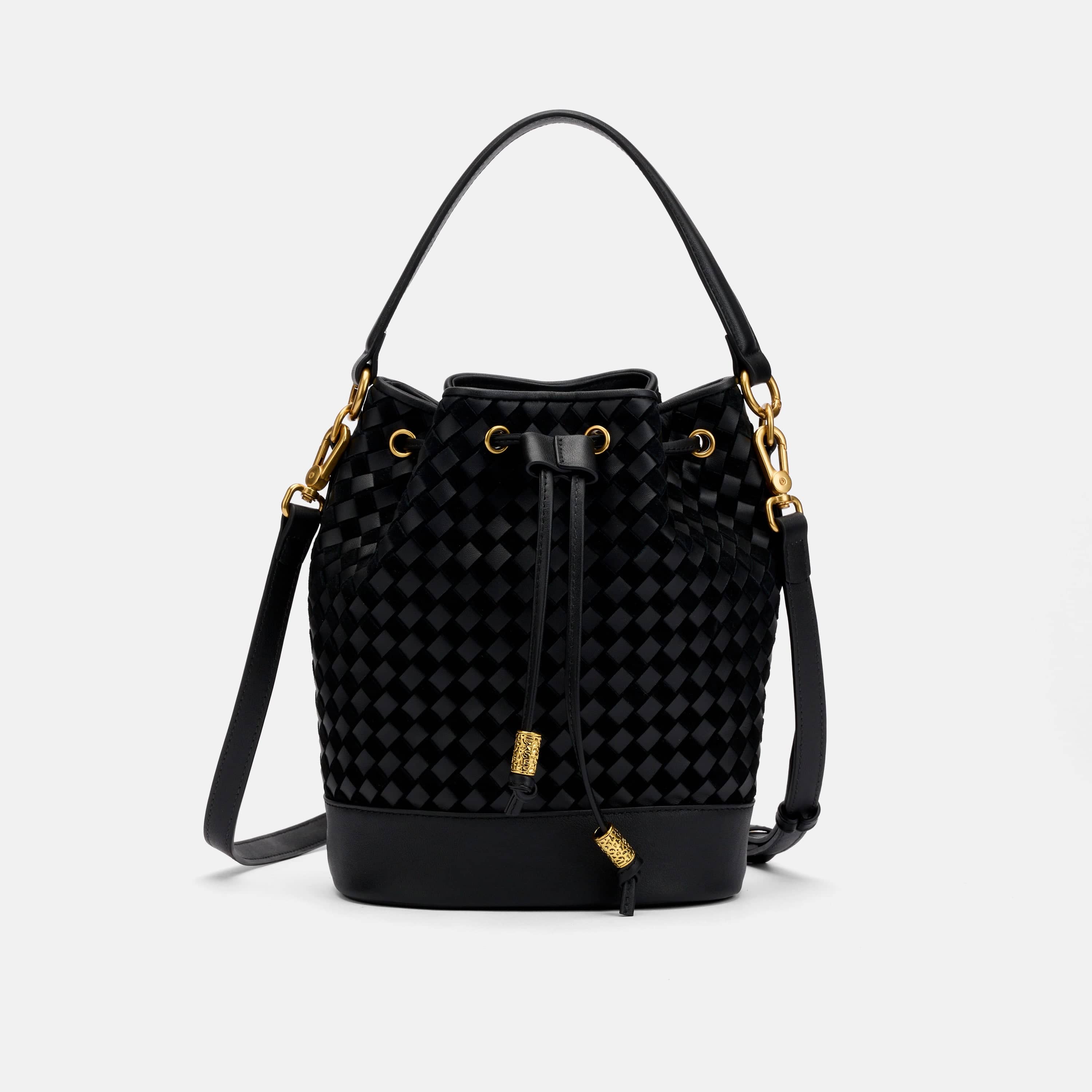 Nora Black Woven Leather Bucket Bag
