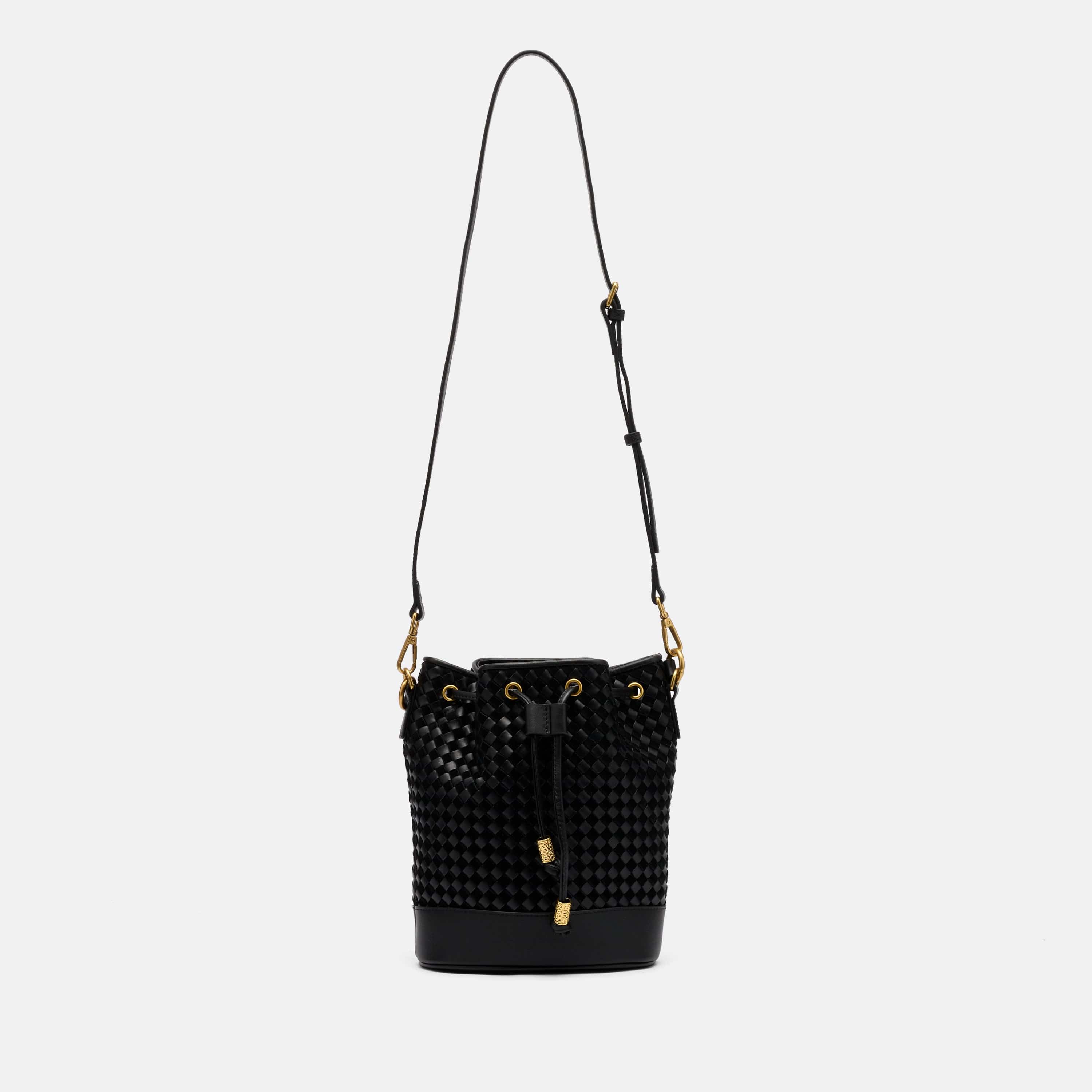 Nora Black Woven Leather Bucket Bag